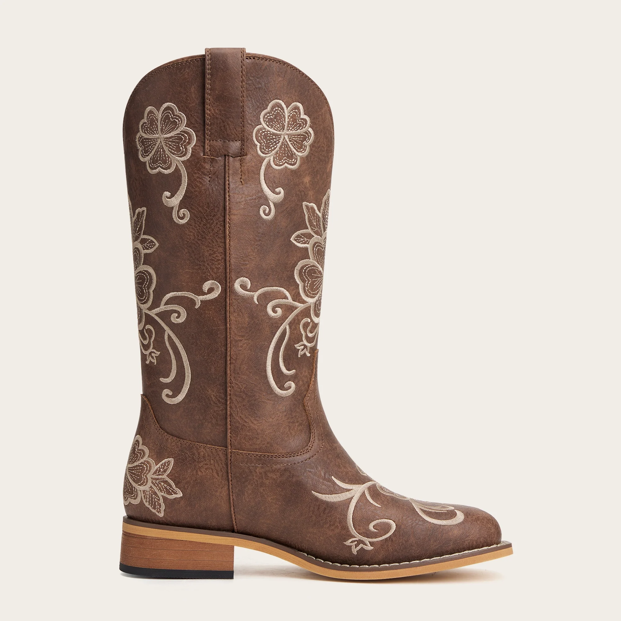 The Lucky Charm - Brown Boots with Five-Leaf Clover Embroidery & Square Toe - Image 3