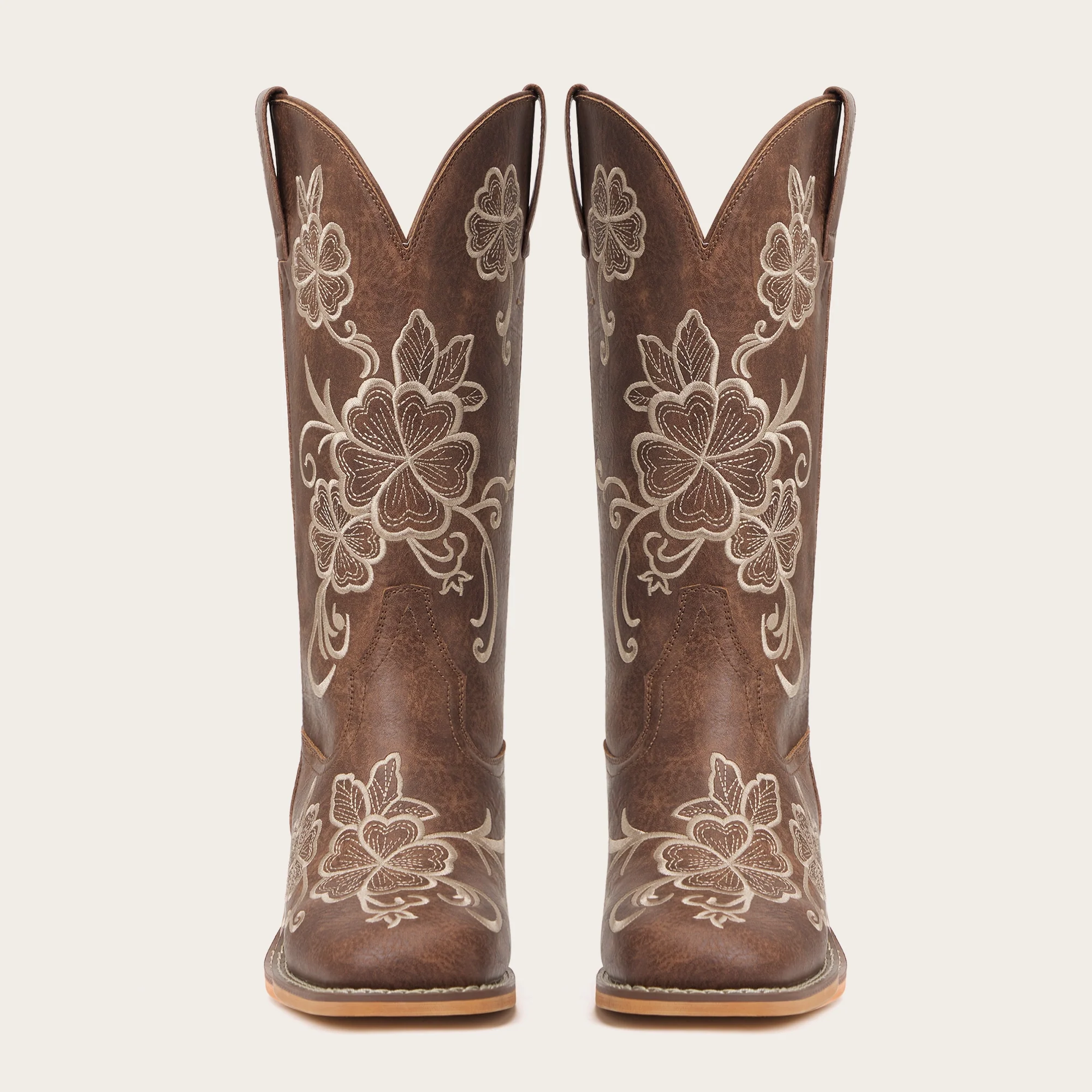 The Lucky Charm - Brown Boots with Five-Leaf Clover Embroidery & Square Toe - Image 4
