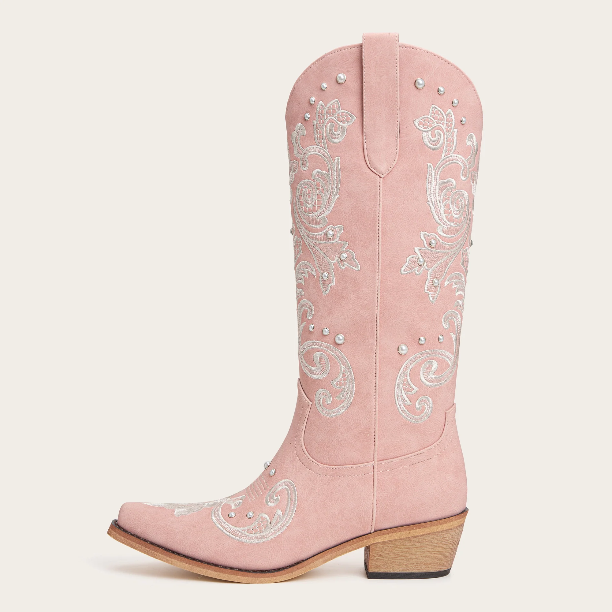 The Missie - Pink Embroidered Cowgirl Boots with Pearls and Elegant Western Flair - Image 4