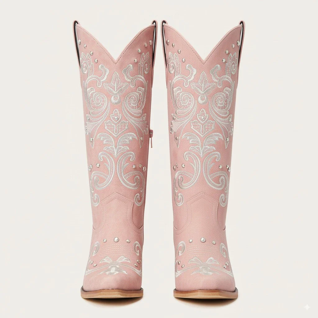 The Missie - Pink Embroidered Cowgirl Boots with Pearls and Elegant Western Flair - Image 5