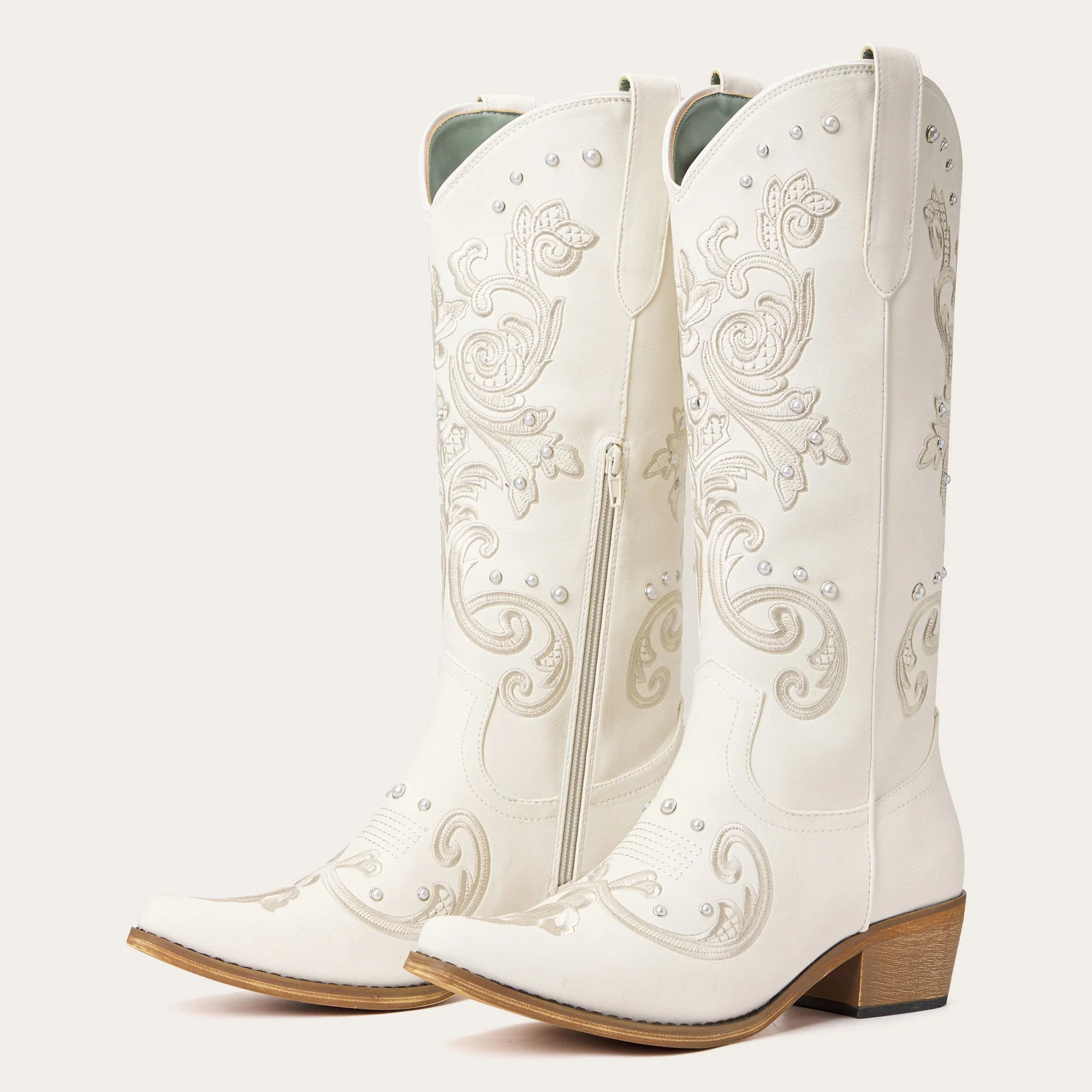 The Missie - Ivory Embroidered Cowgirl Boots with Pearls and Elegant Western Flair - Image 5