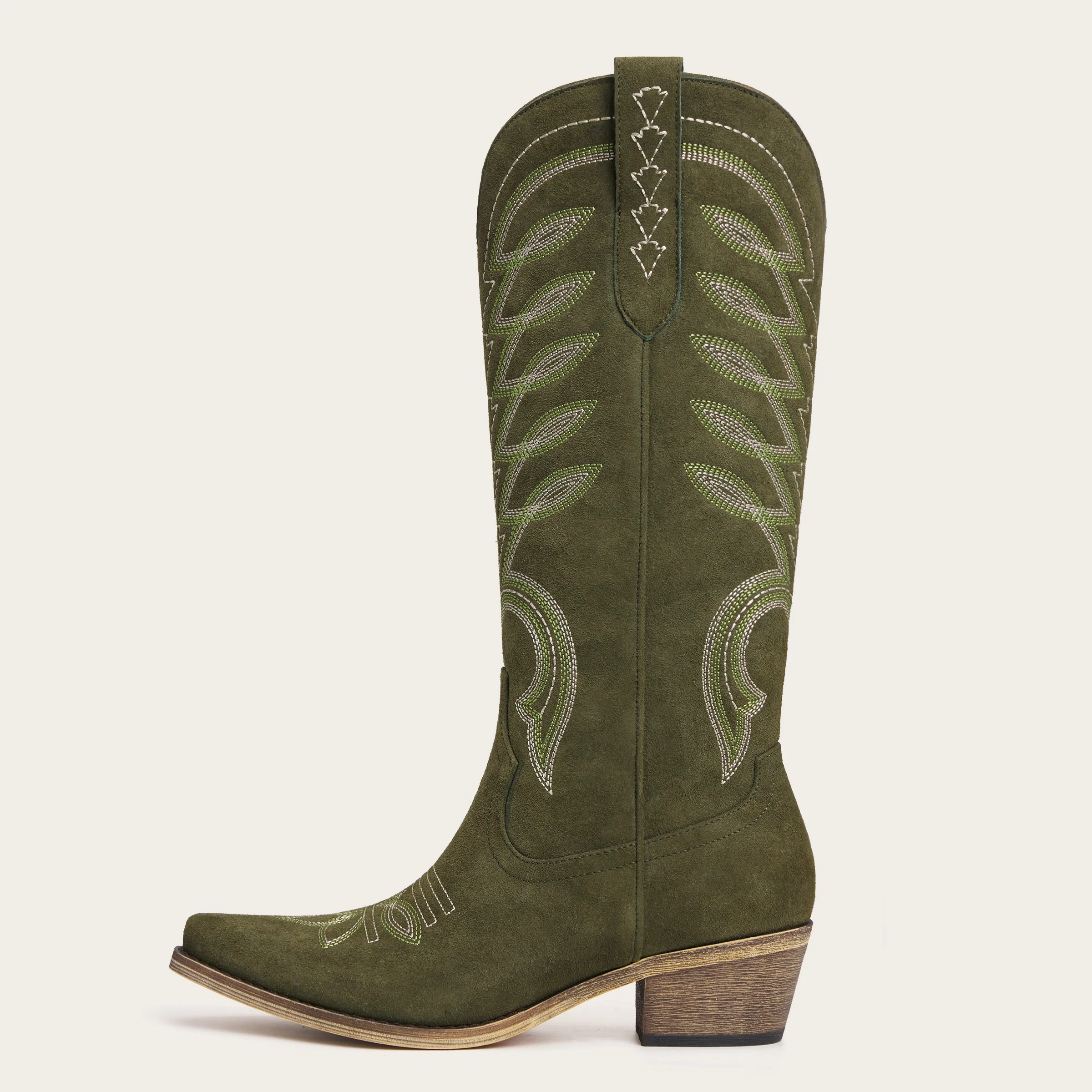 The Mojave - Olive Green Suede Cowgirl Boots with Classic Western Stitching - Image 4