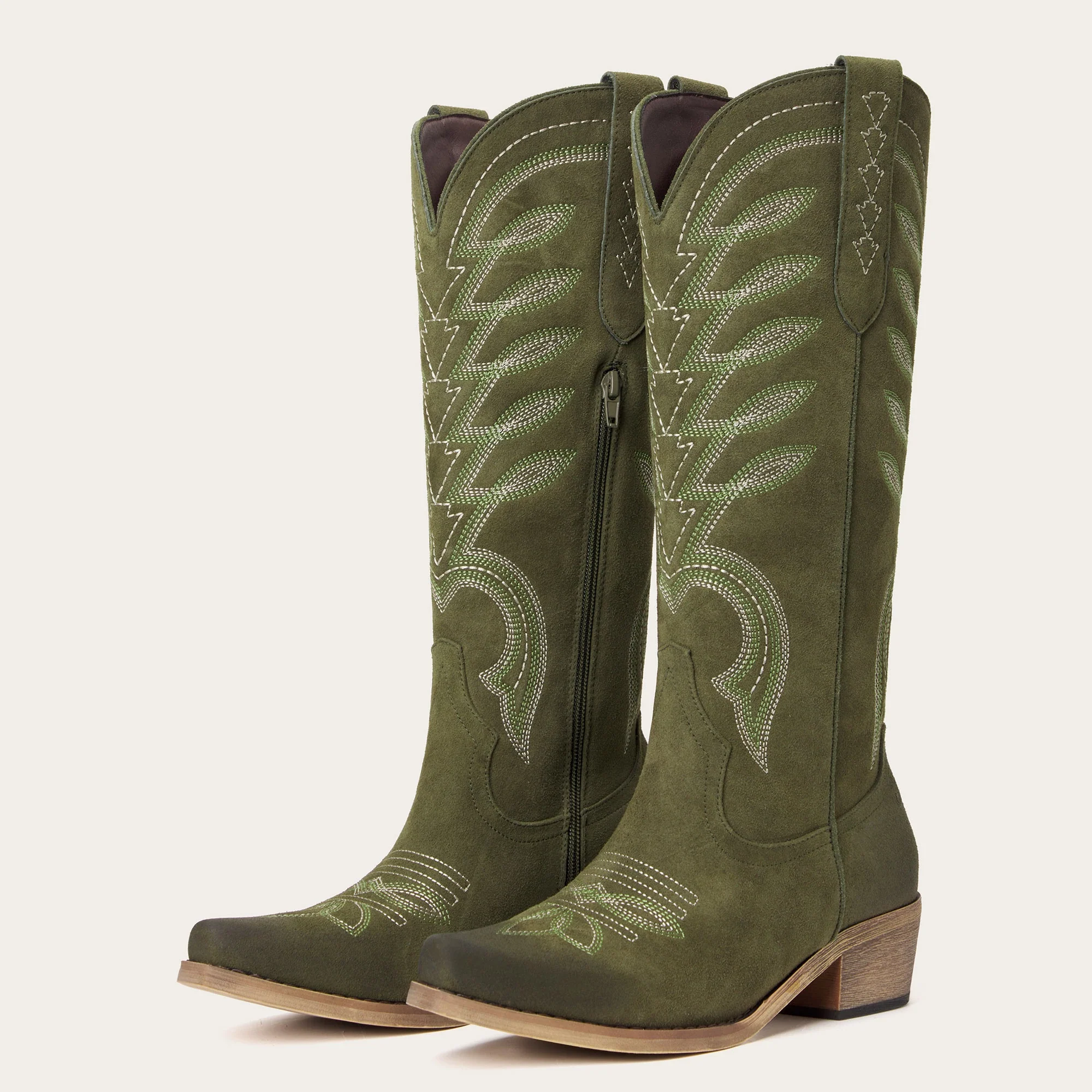 The Mojave - Olive Green Suede Cowgirl Boots with Classic Western Stitching - Image 5