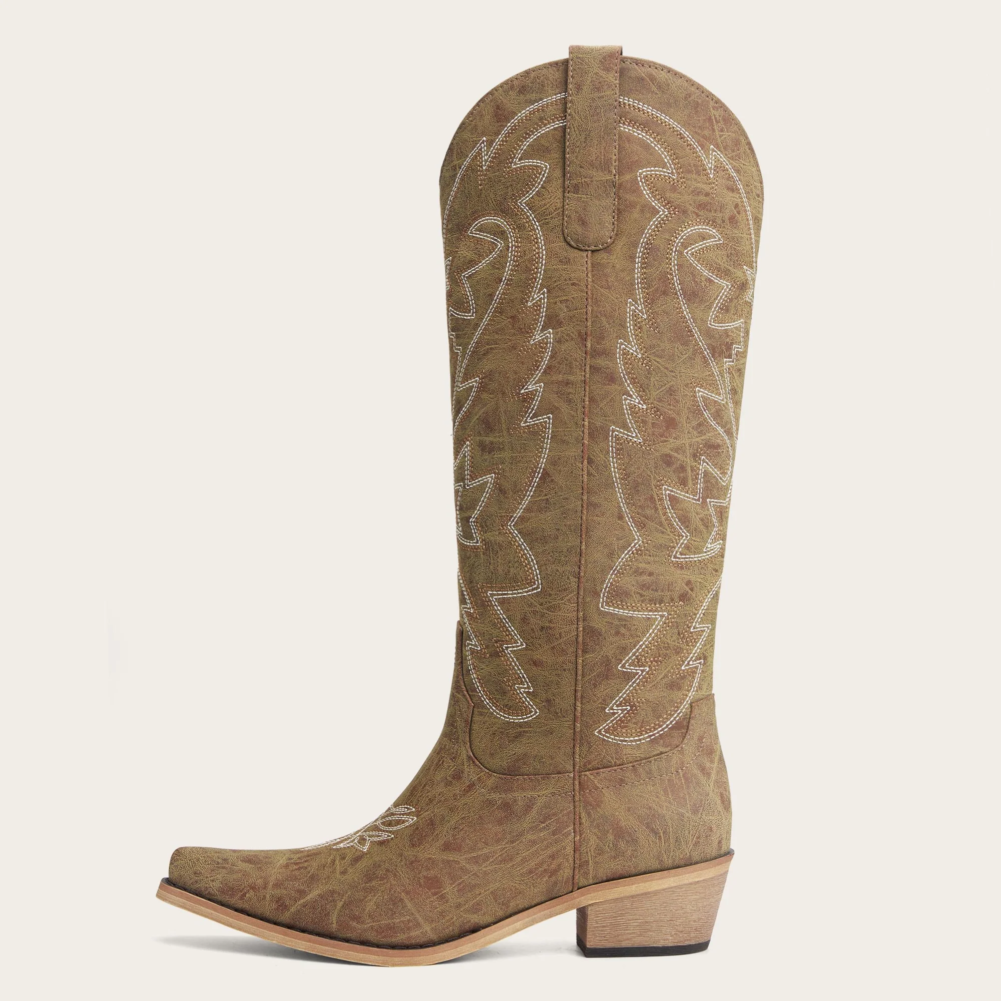 The Molly Wood - Distressed Tan Leather Snip Toe Embroidered Comfy Tall Cowgirl Boots - Image 4