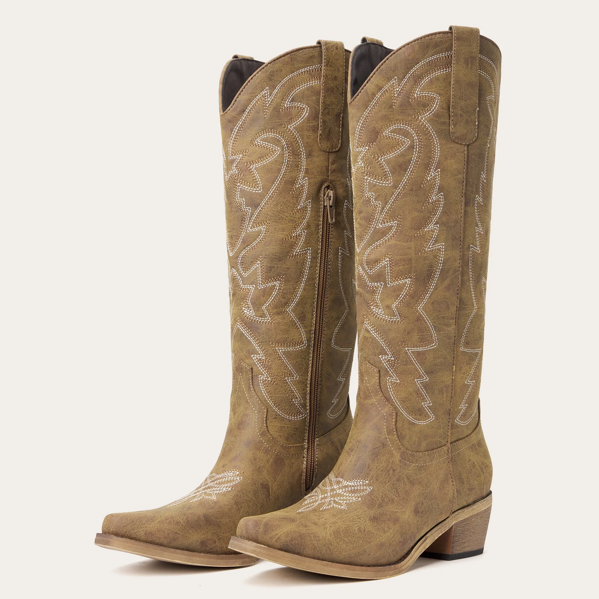 The Molly Wood - Distressed Tan Leather Snip Toe Embroidered Comfy Tall Cowgirl Boots - Image 5