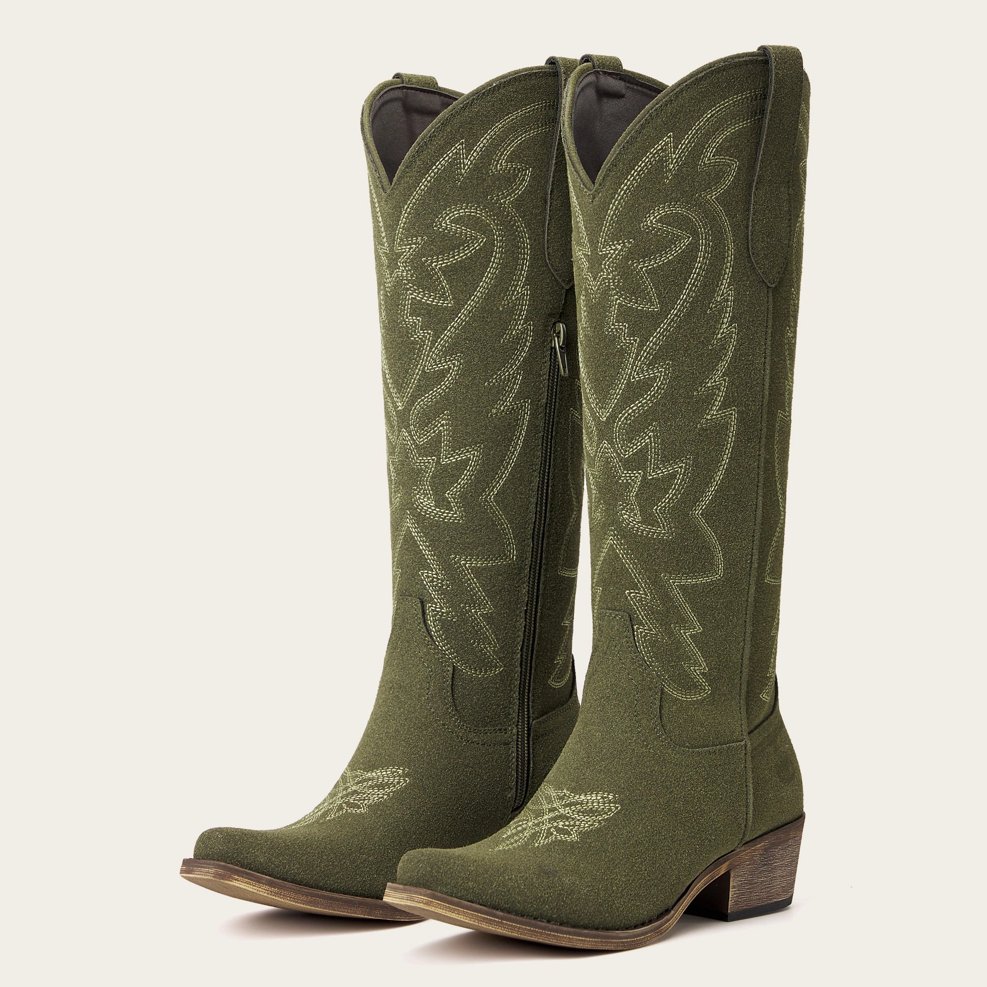 The Molly Wood - Olive Suede Snip Toe Embroidered Cute Comfortable Tall Cowgirl Boots - Image 4