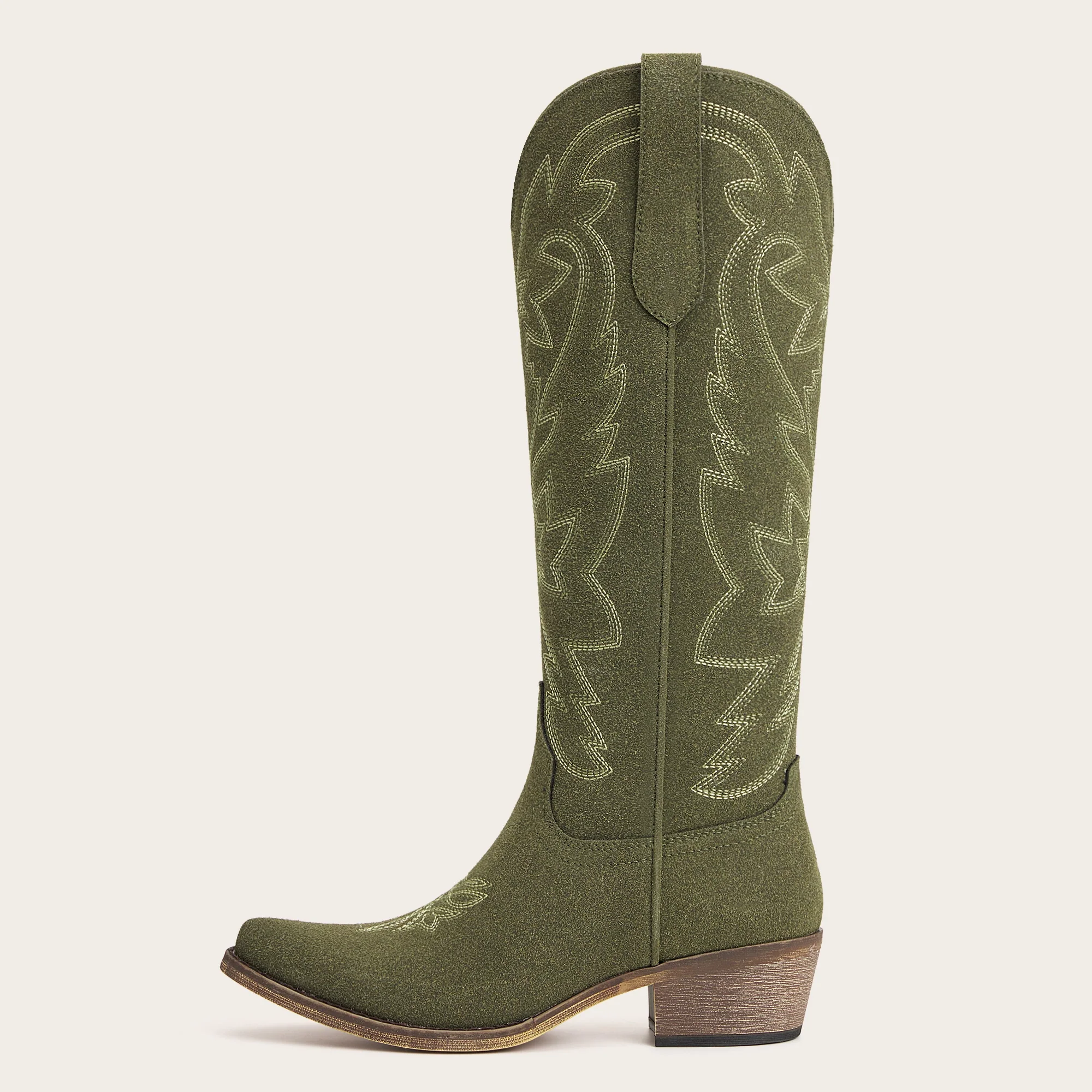 The Molly Wood - Olive Suede Snip Toe Embroidered Cute Comfortable Tall Cowgirl Boots - Image 5
