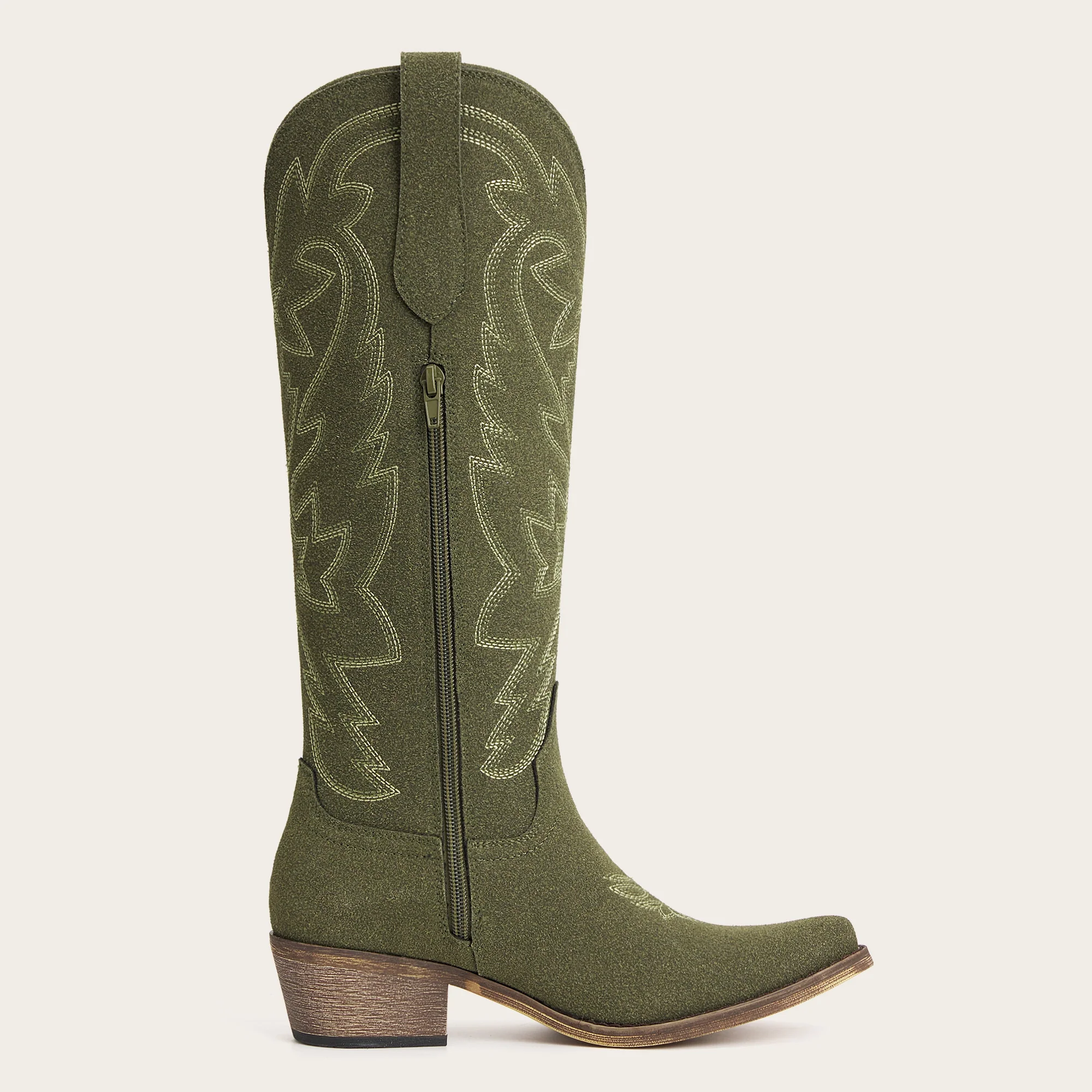 The Molly Wood - Olive Suede Snip Toe Embroidered Cute Comfortable Tall Cowgirl Boots - Image 8