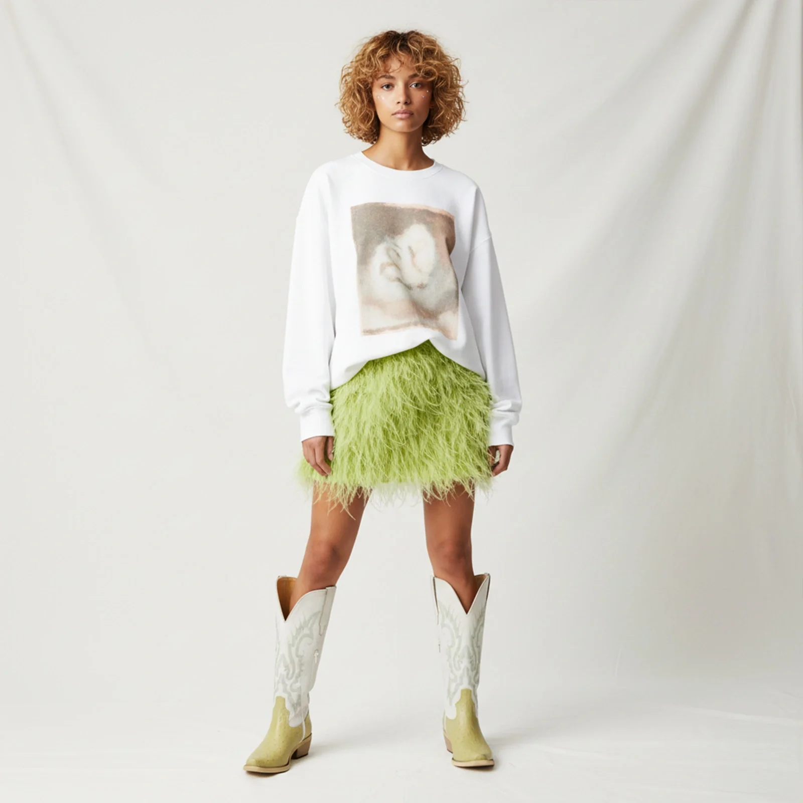 The Phoenix - Two Tone Cowgirl Boots in Lime Faux Ostrich & Distressed White - Image 3