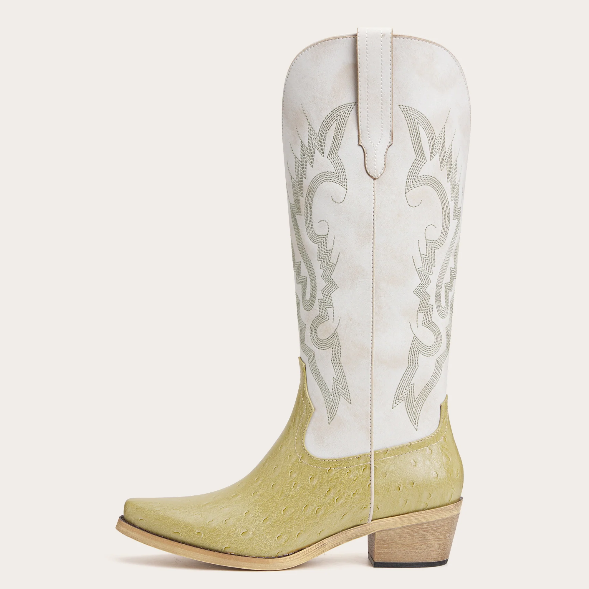 The Phoenix - Two Tone Cowgirl Boots in Lime Faux Ostrich & Distressed White - Image 4