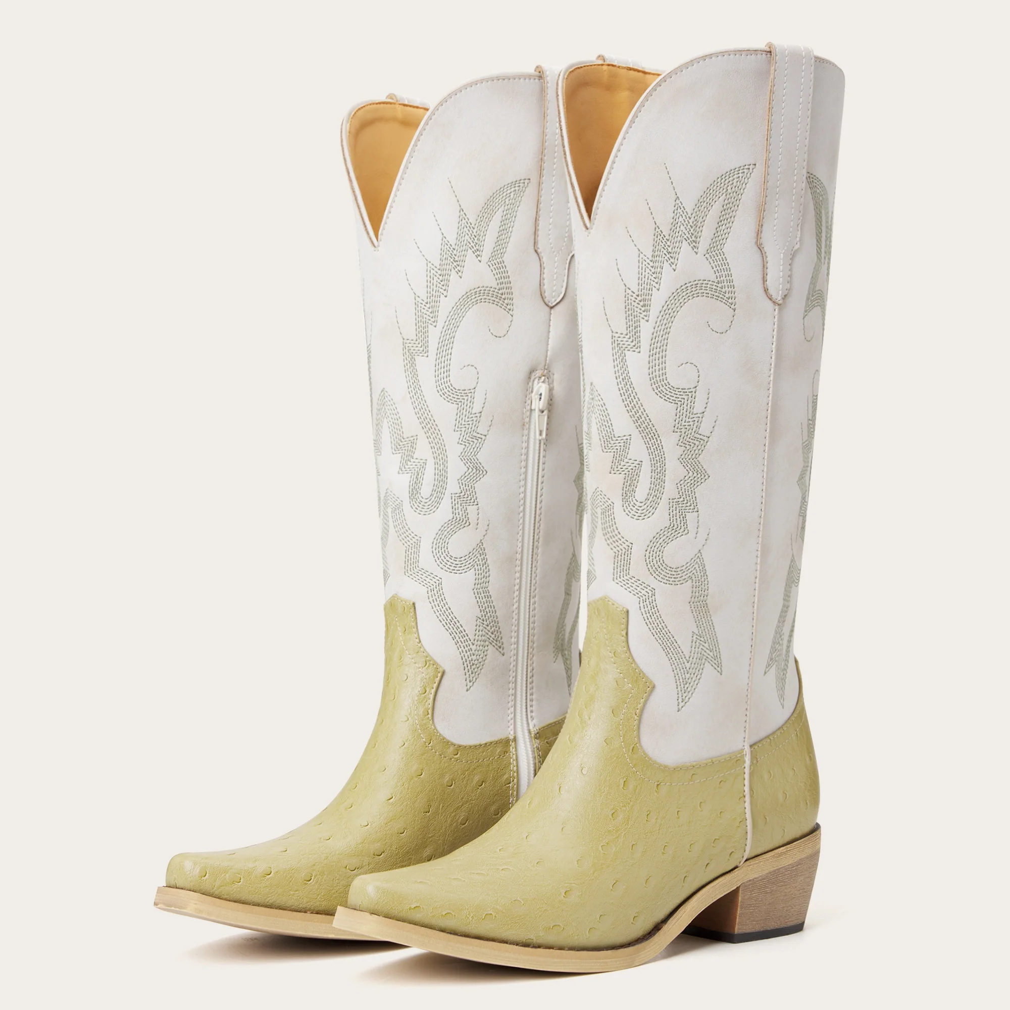 The Phoenix - Two Tone Cowgirl Boots in Lime Faux Ostrich & Distressed White - Image 5