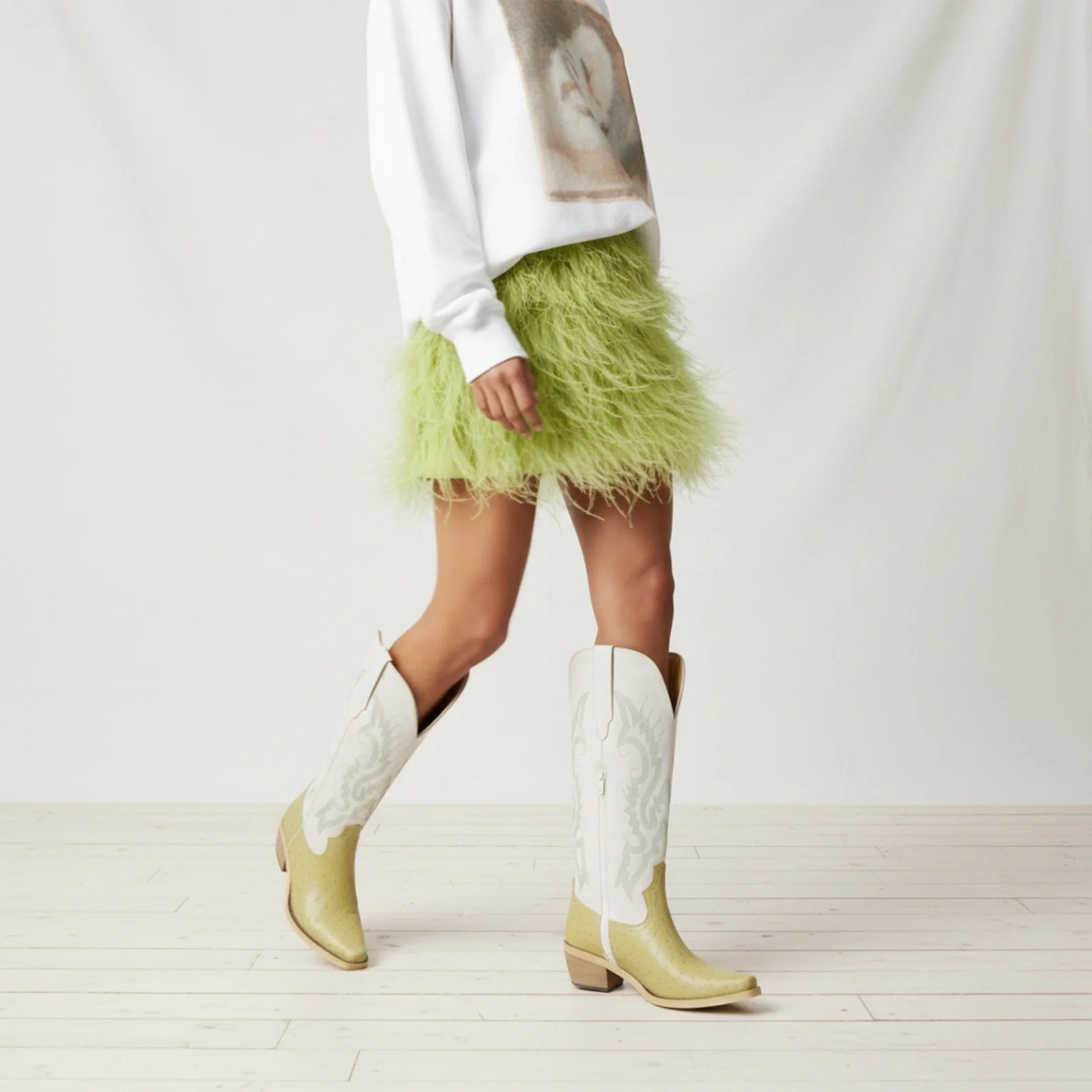 The Phoenix - Two Tone Cowgirl Boots in Lime Faux Ostrich & Distressed White - Image 6