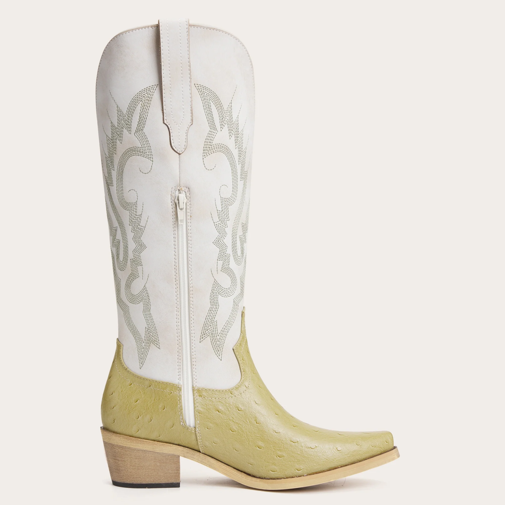 The Phoenix - Two Tone Cowgirl Boots in Lime Faux Ostrich & Distressed White - Image 8