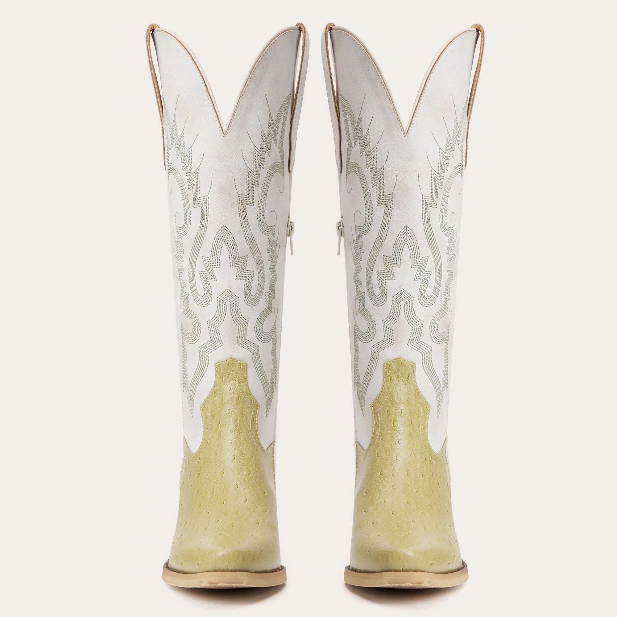 The Phoenix - Two Tone Cowgirl Boots in Lime Faux Ostrich & Distressed White - Image 9