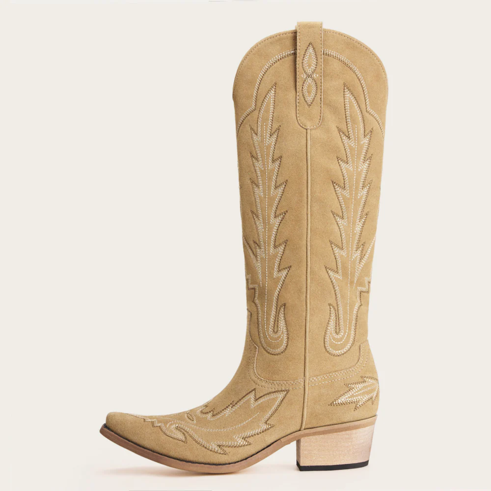 The Rosemary - Beige Suede Classic Tall Cowgirl Boots with Embroidery - Image 4