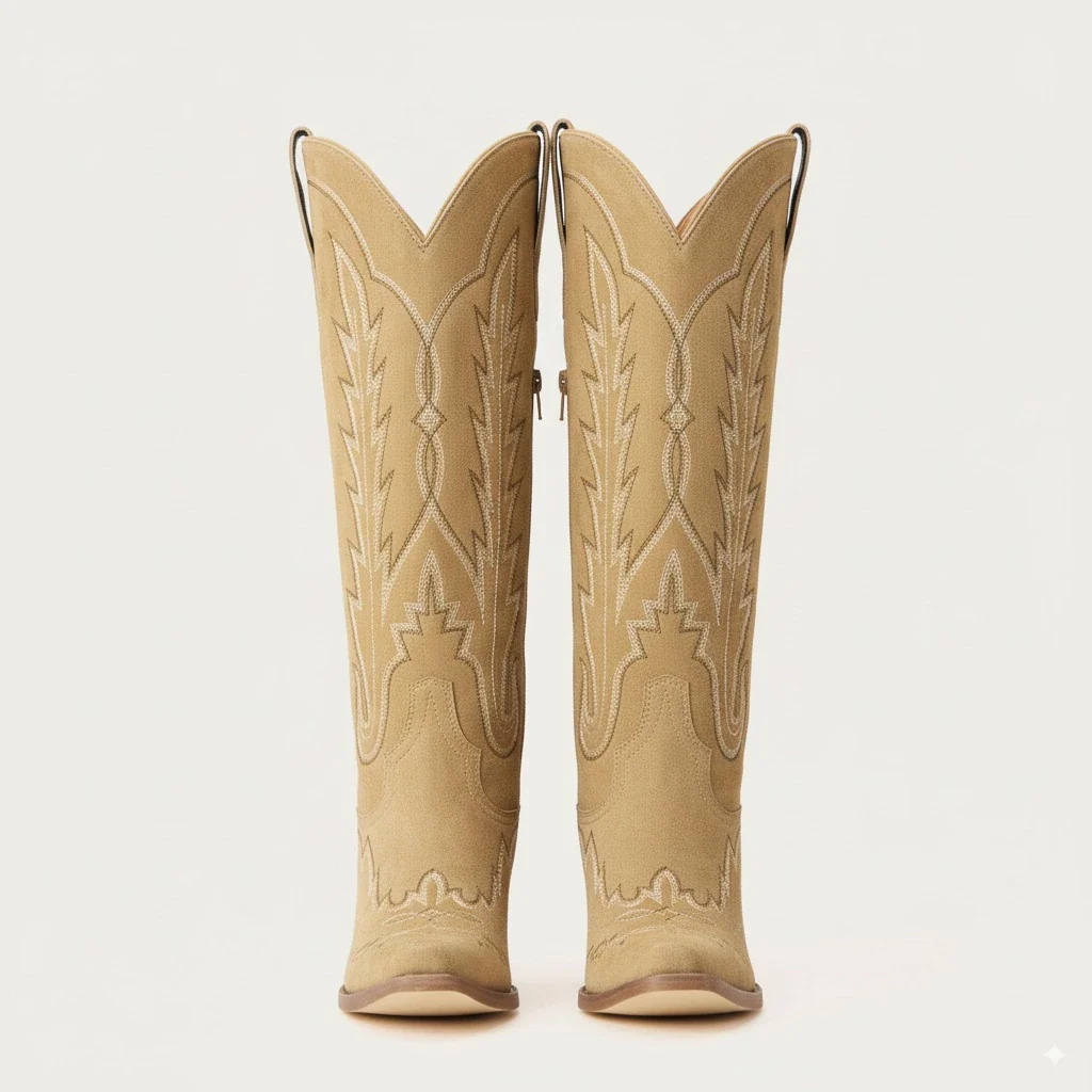 The Rosemary - Beige Suede Classic Tall Cowgirl Boots with Embroidery - Image 5
