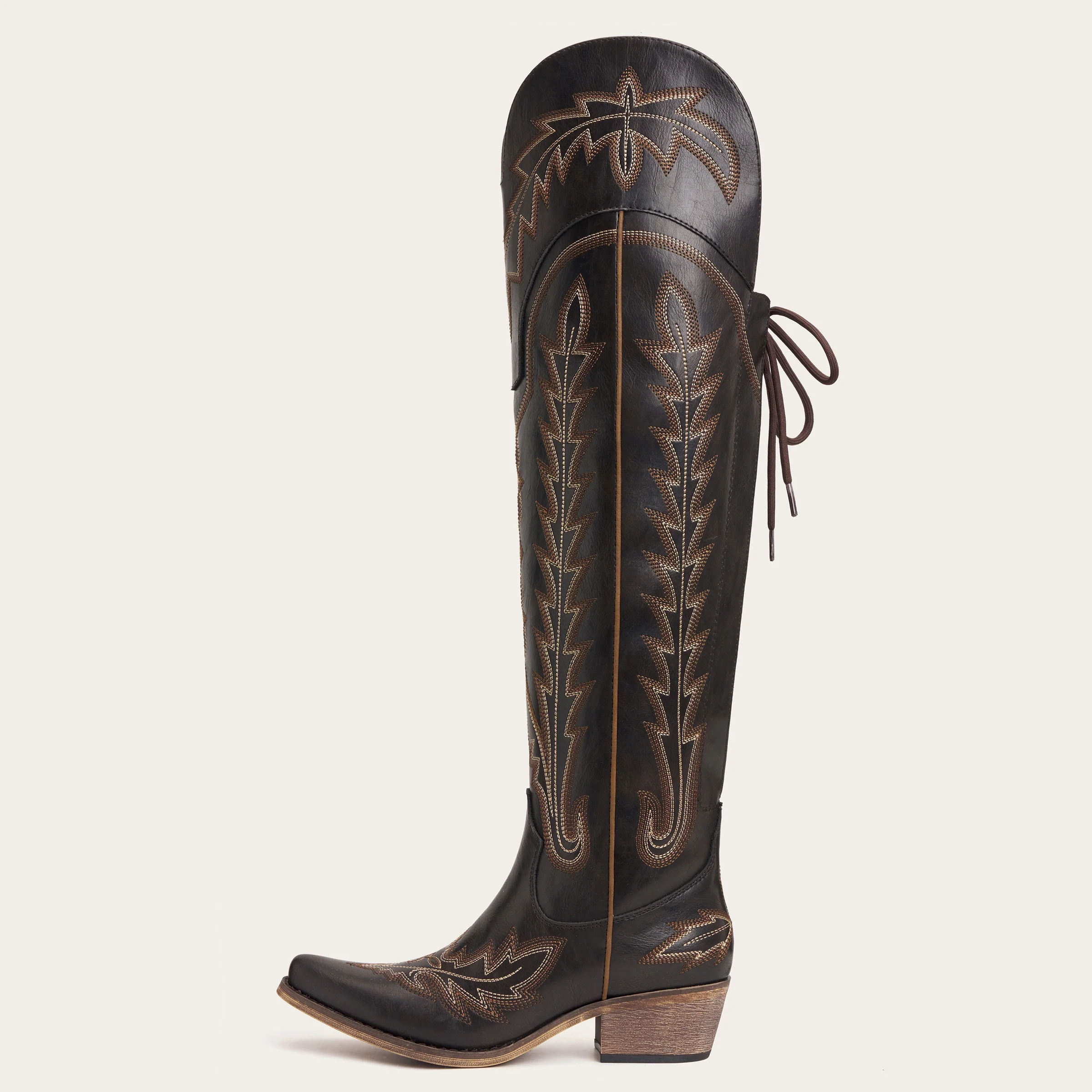 The Ross - Espresso Over-the-Knee Wide Calf Cowgirl Boots with Back Tie & Embroidery - Image 4