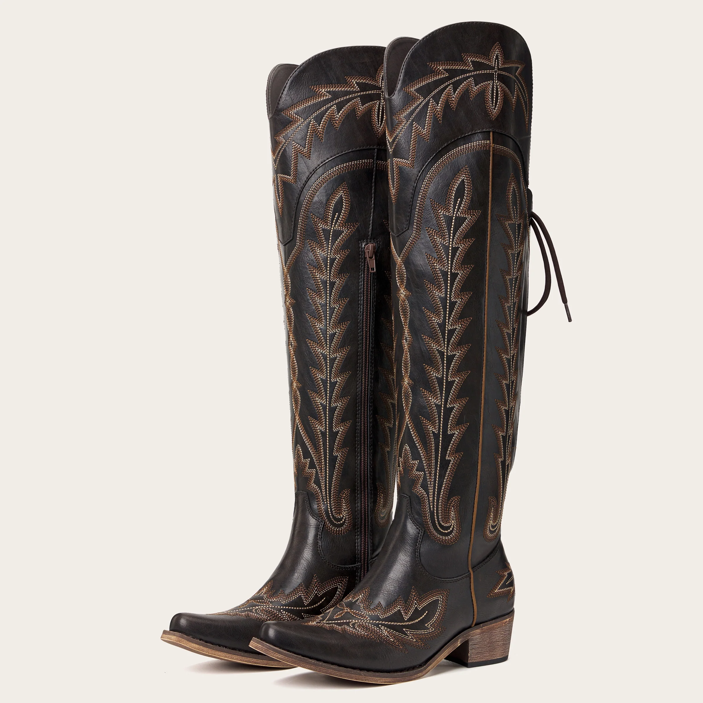 The Ross - Espresso Over-the-Knee Wide Calf Cowgirl Boots with Back Tie & Embroidery - Image 5
