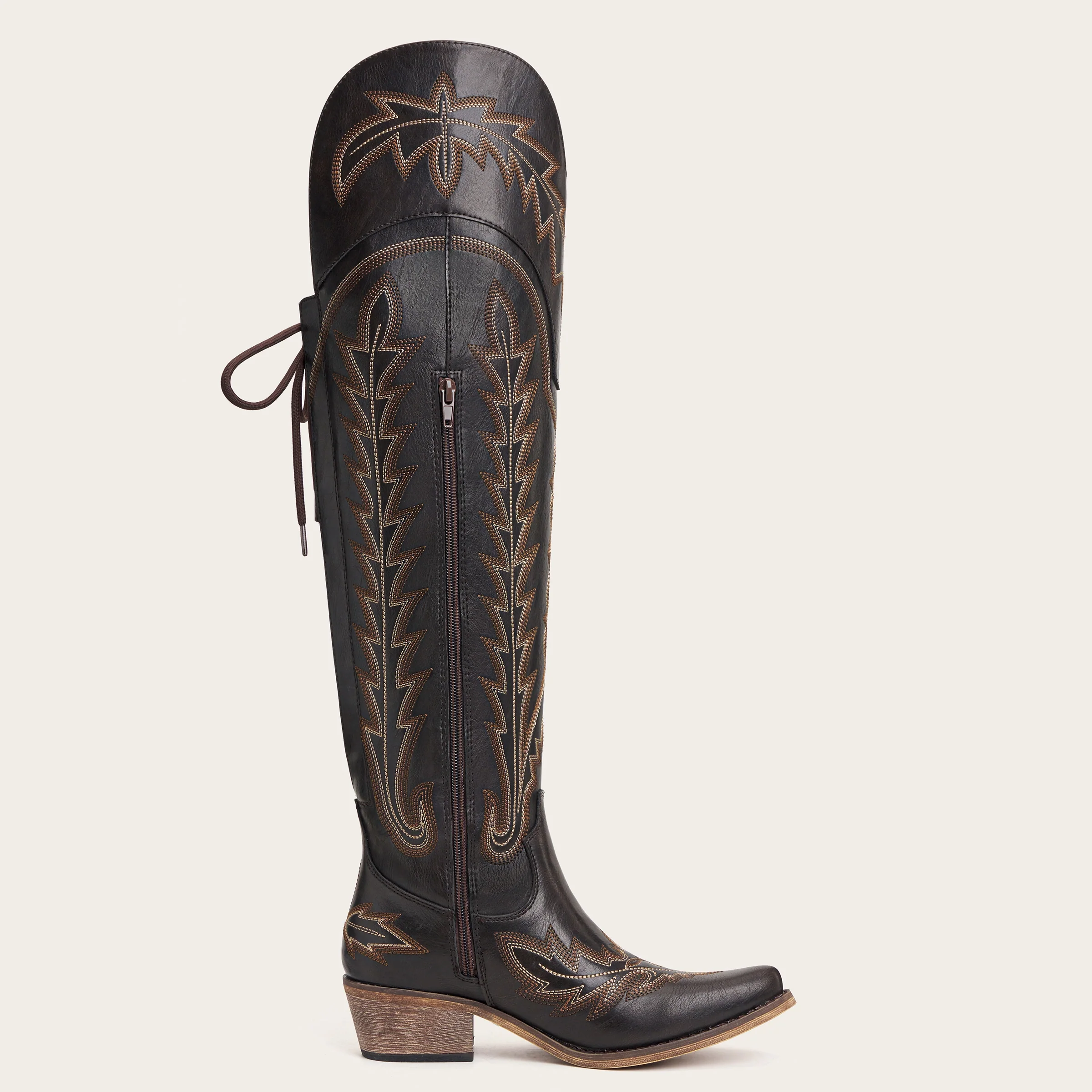 The Ross - Espresso Over-the-Knee Wide Calf Cowgirl Boots with Back Tie & Embroidery - Image 9