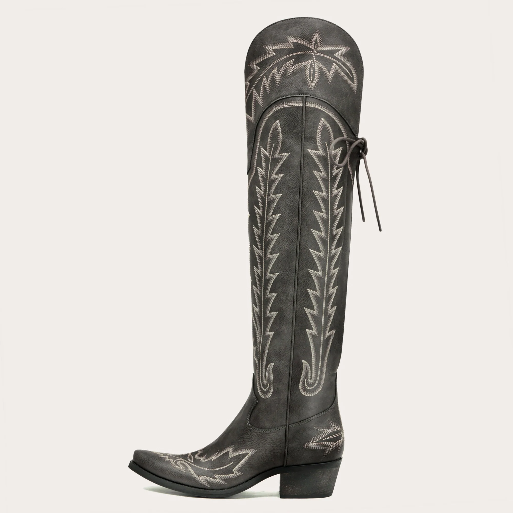 The Ross - Grey Over-the-Knee Wide Calf Cowgirl Boots with Back Tie & Embroidery - Image 4