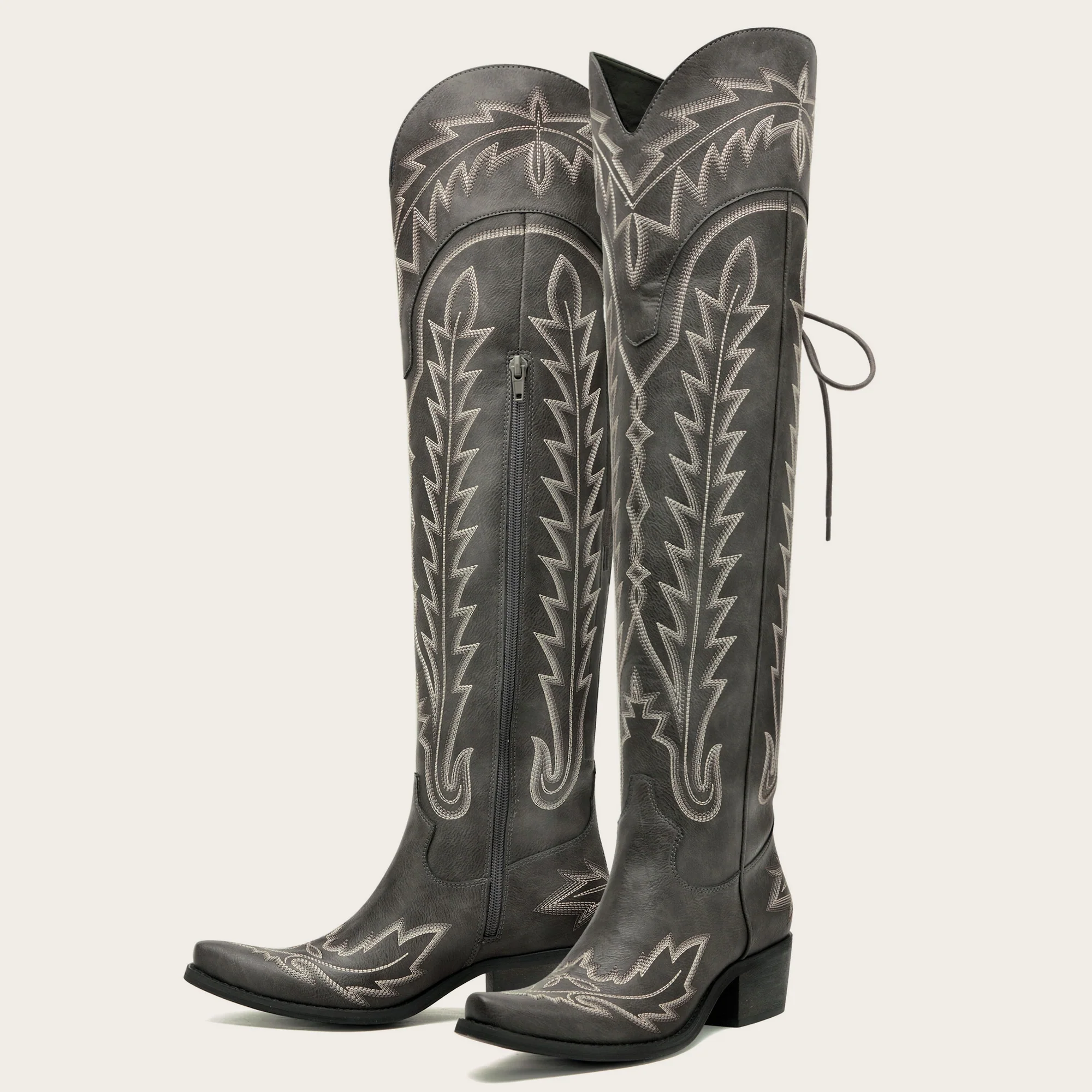 The Ross - Grey Over-the-Knee Wide Calf Cowgirl Boots with Back Tie & Embroidery - Image 5