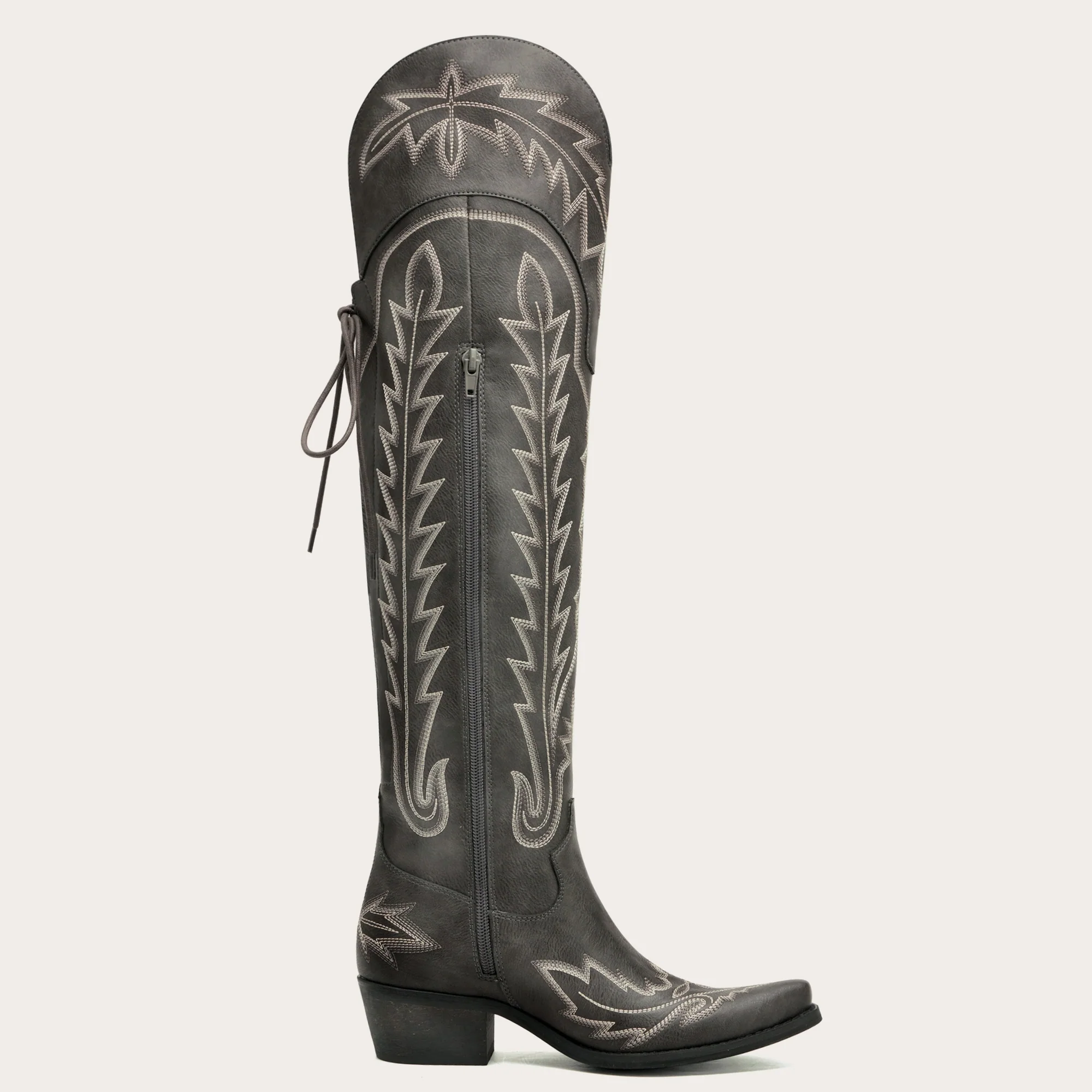The Ross - Grey Over-the-Knee Wide Calf Cowgirl Boots with Back Tie & Embroidery - Image 8