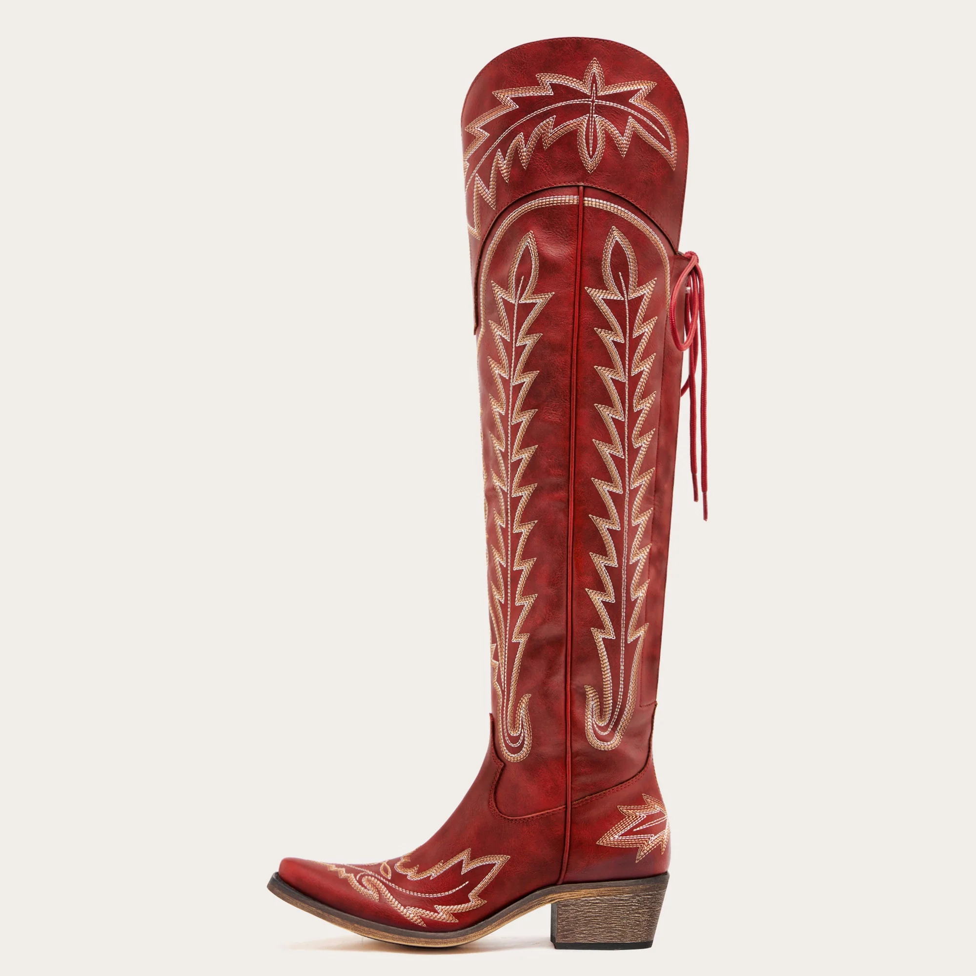 The Ross - Red Over-the-Knee Wide Calf Cowgirl Boots with Back Tie & Embroidery - Image 4