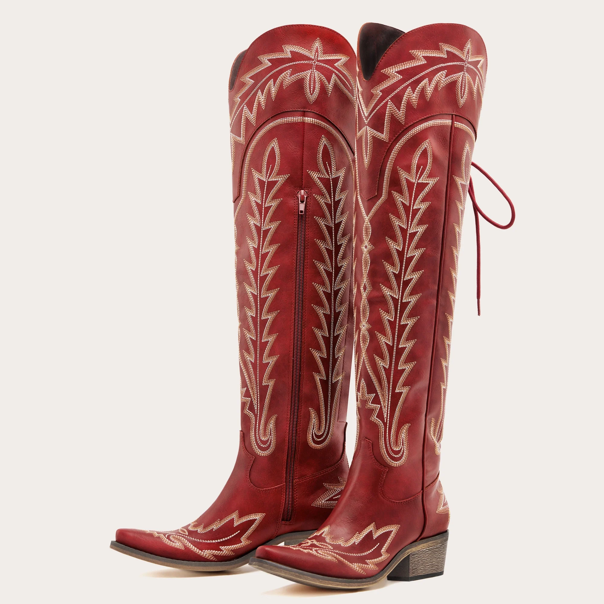 The Ross - Red Over-the-Knee Wide Calf Cowgirl Boots with Back Tie & Embroidery - Image 5