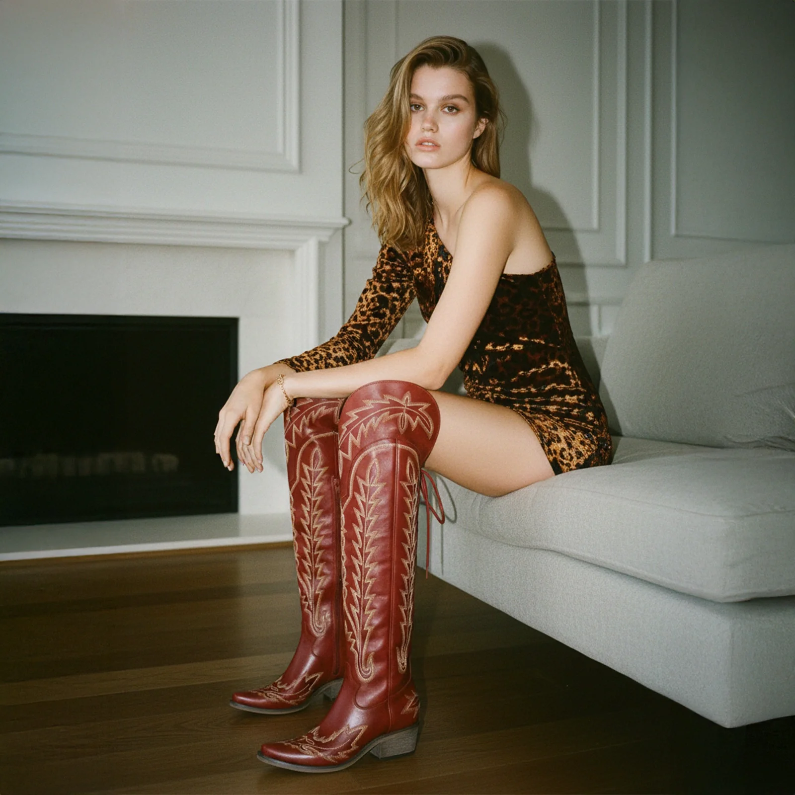 The Ross - Red Over-the-Knee Wide Calf Cowgirl Boots with Back Tie & Embroidery - Image 6