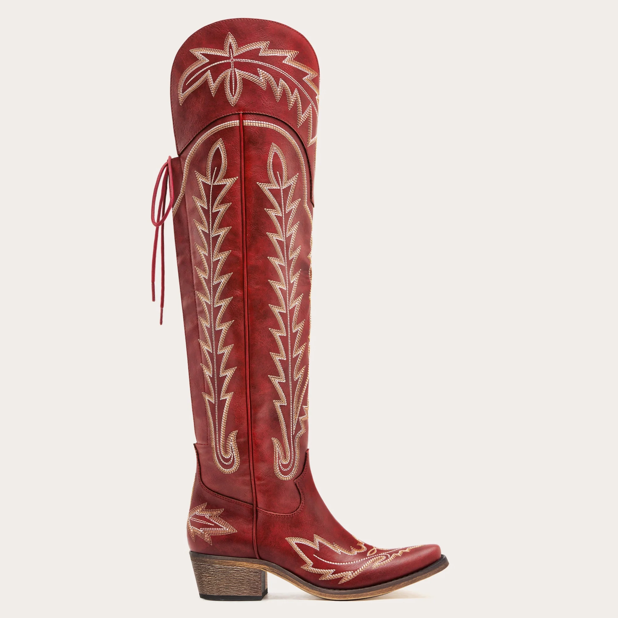 The Ross - Red Over-the-Knee Wide Calf Cowgirl Boots with Back Tie & Embroidery - Image 8