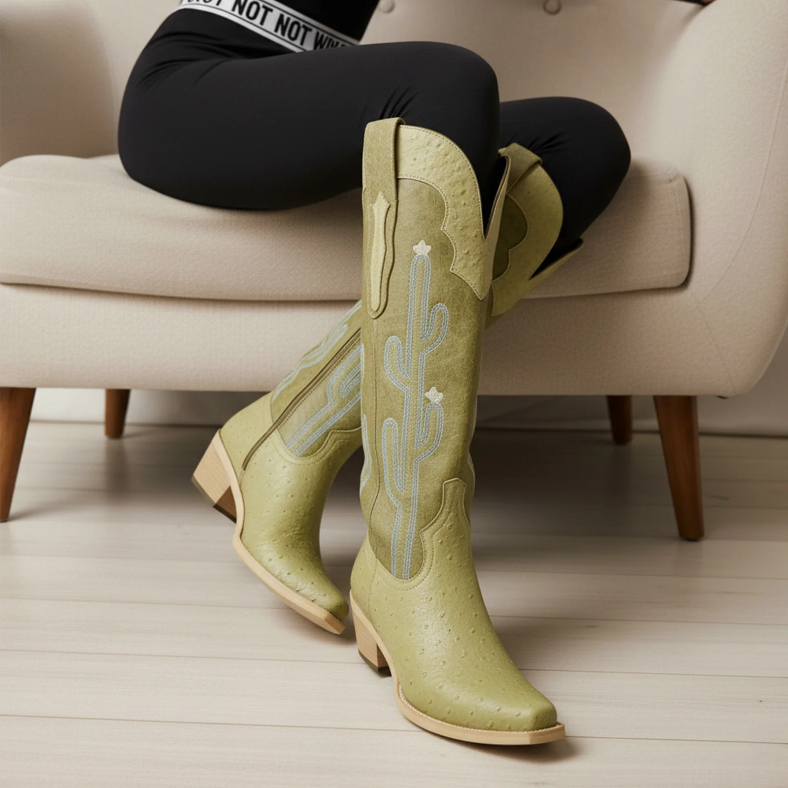 The Saguaro - Two Tone Green Boots with Cactus Embroidery & Faux Ostrich - Image 10