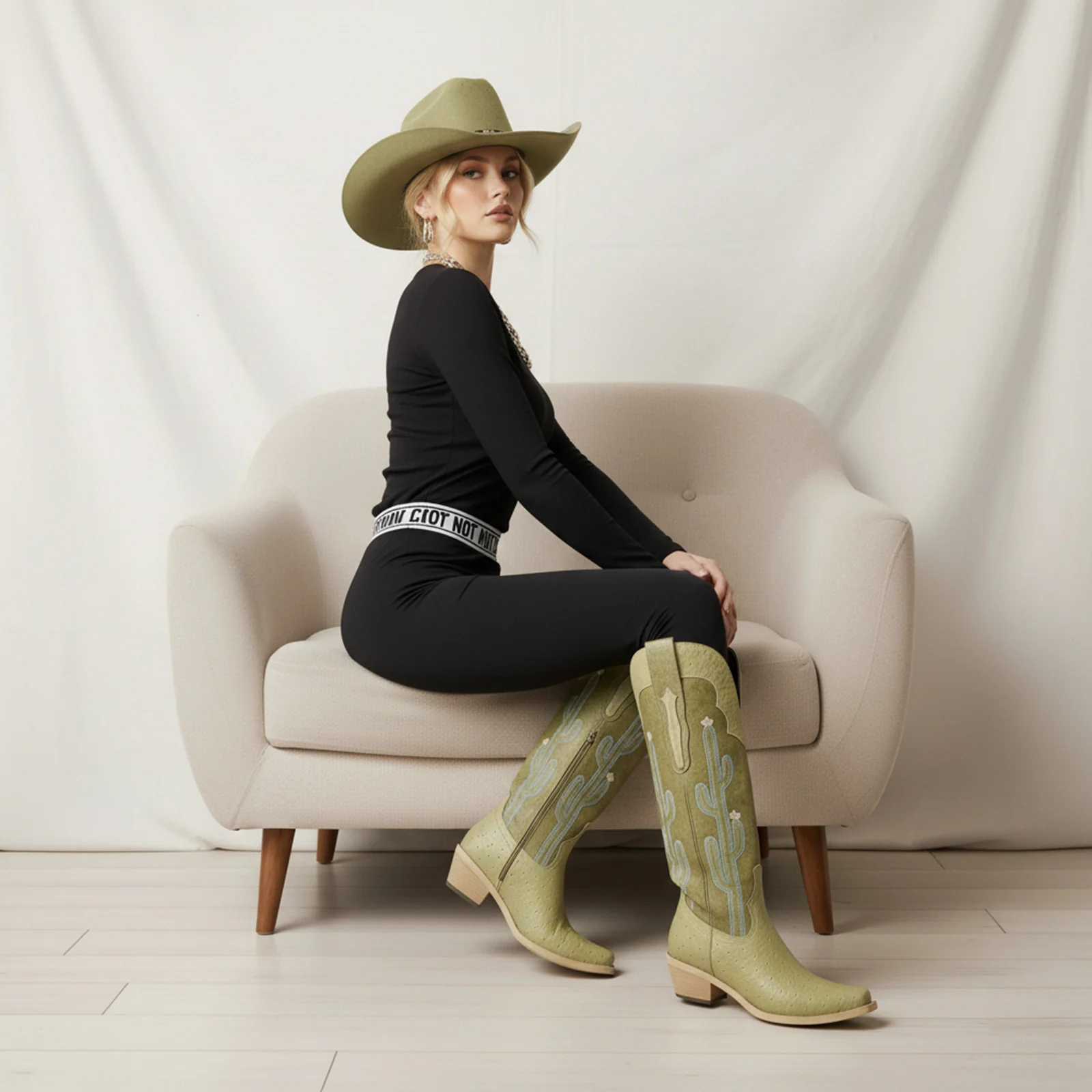 The Saguaro - Two Tone Green Boots with Cactus Embroidery & Faux Ostrich - Image 11