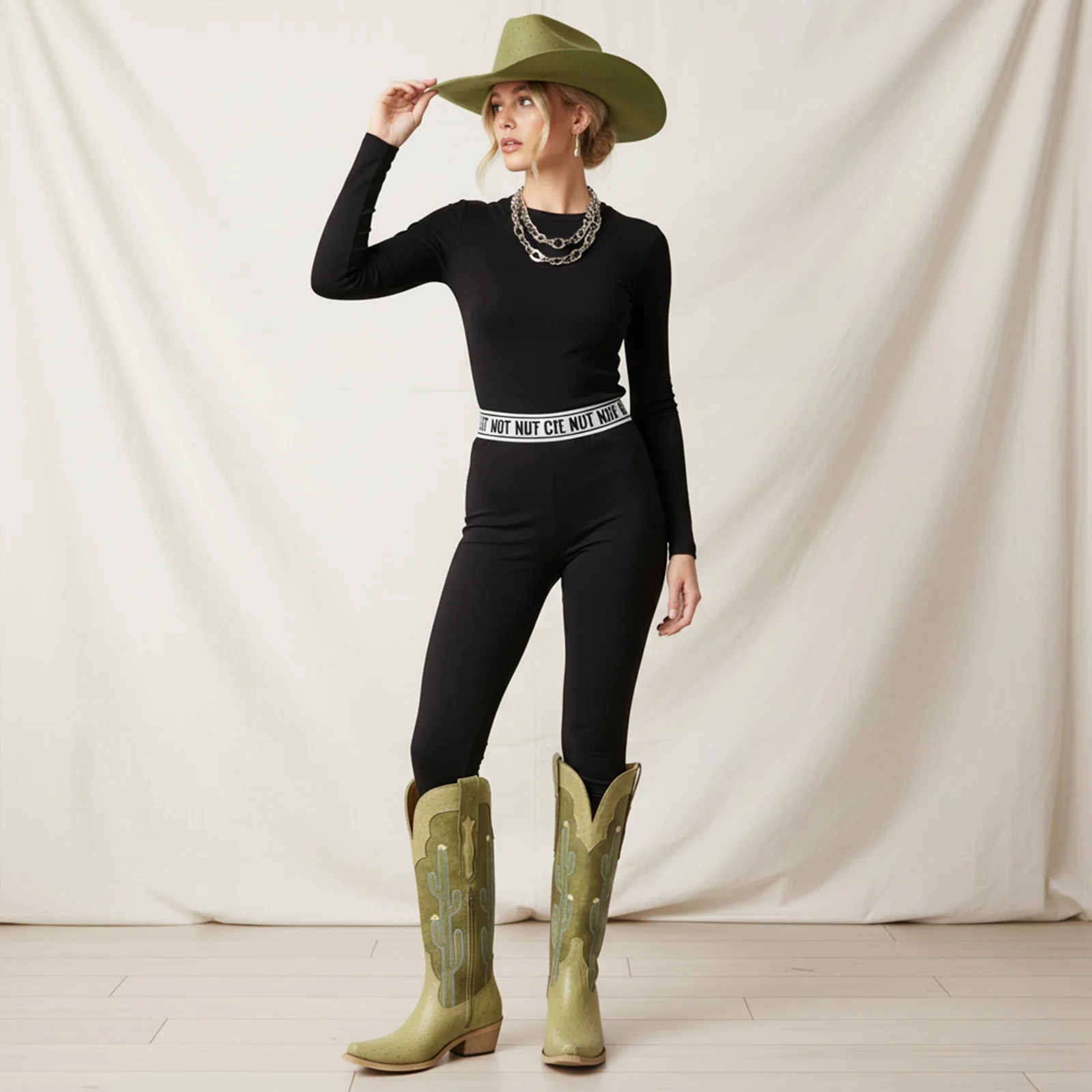 The Saguaro - Two Tone Green Boots with Cactus Embroidery & Faux Ostrich - Image 14