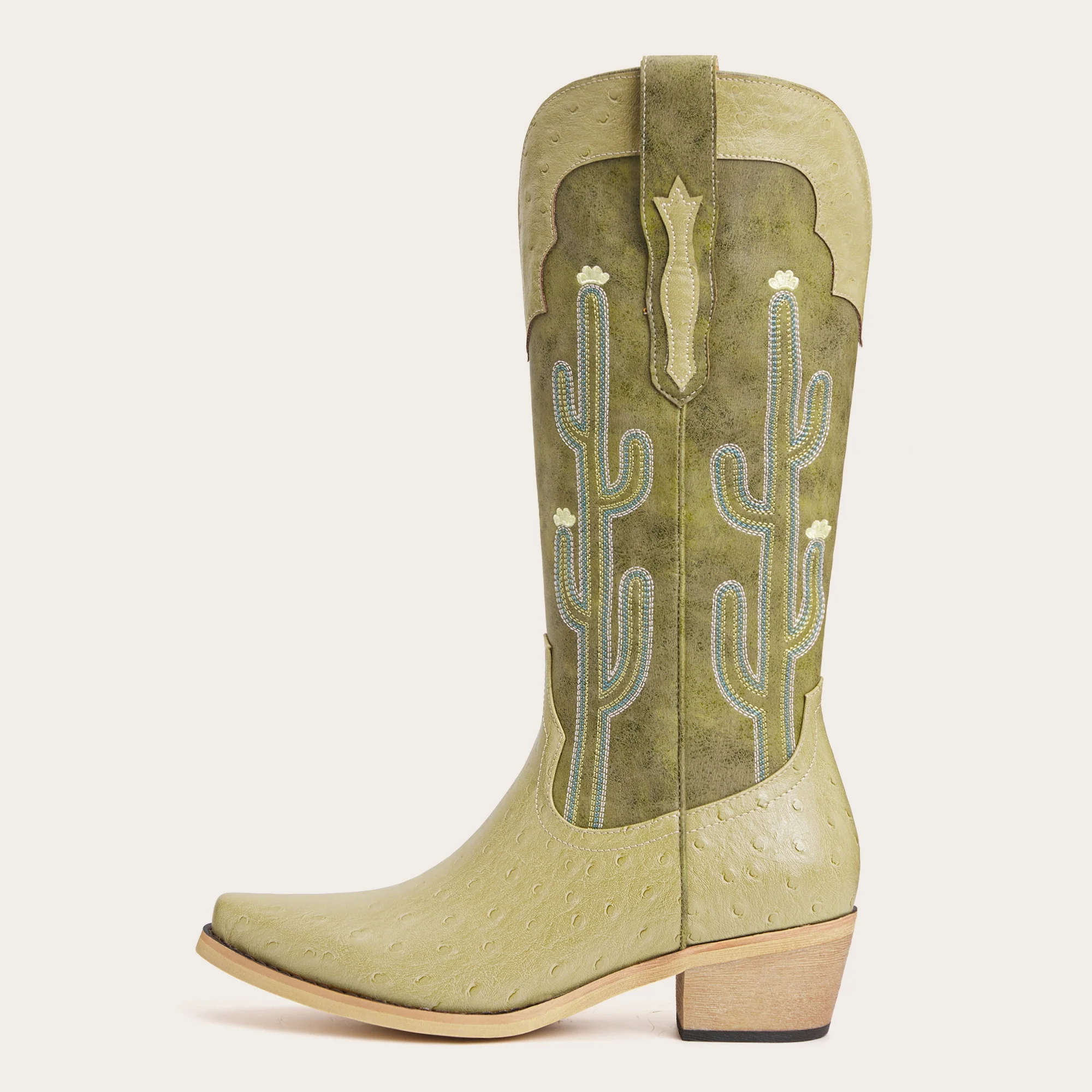 The Saguaro - Two Tone Green Boots with Cactus Embroidery & Faux Ostrich - Image 4