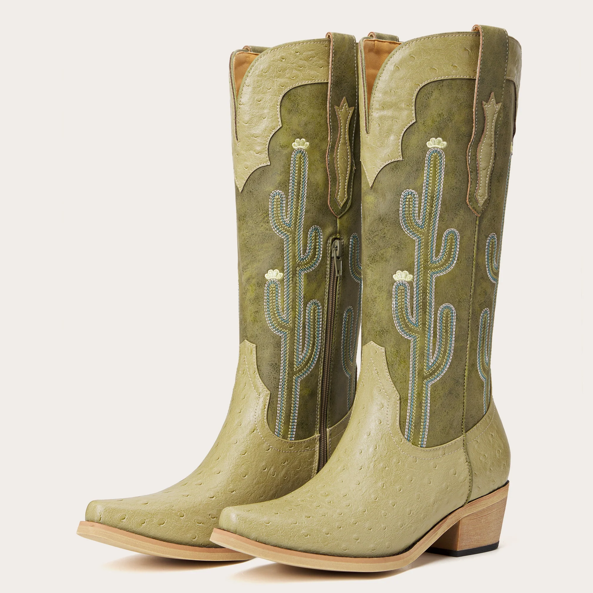 The Saguaro - Two Tone Green Boots with Cactus Embroidery & Faux Ostrich - Image 5