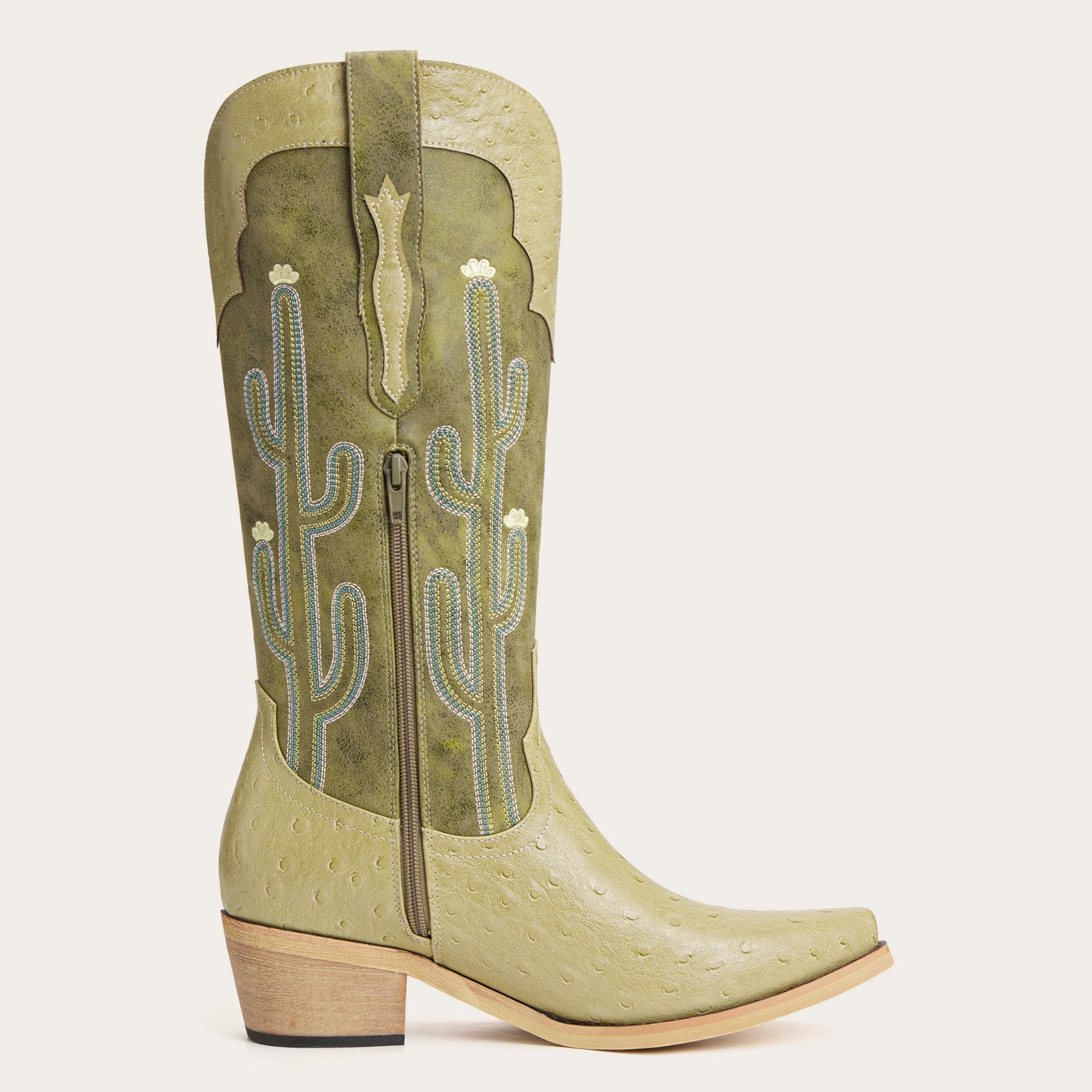 The Saguaro - Two Tone Green Boots with Cactus Embroidery & Faux Ostrich - Image 8