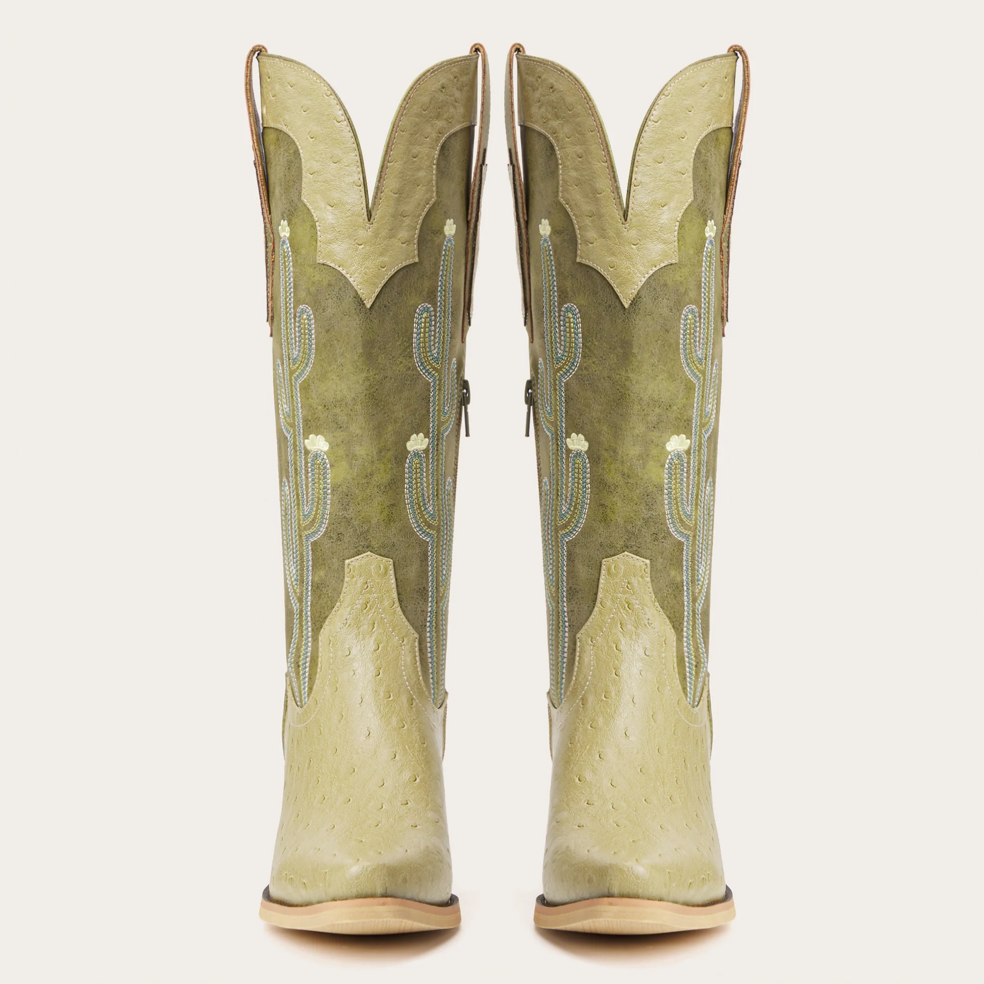 The Saguaro - Two Tone Green Boots with Cactus Embroidery & Faux Ostrich - Image 9