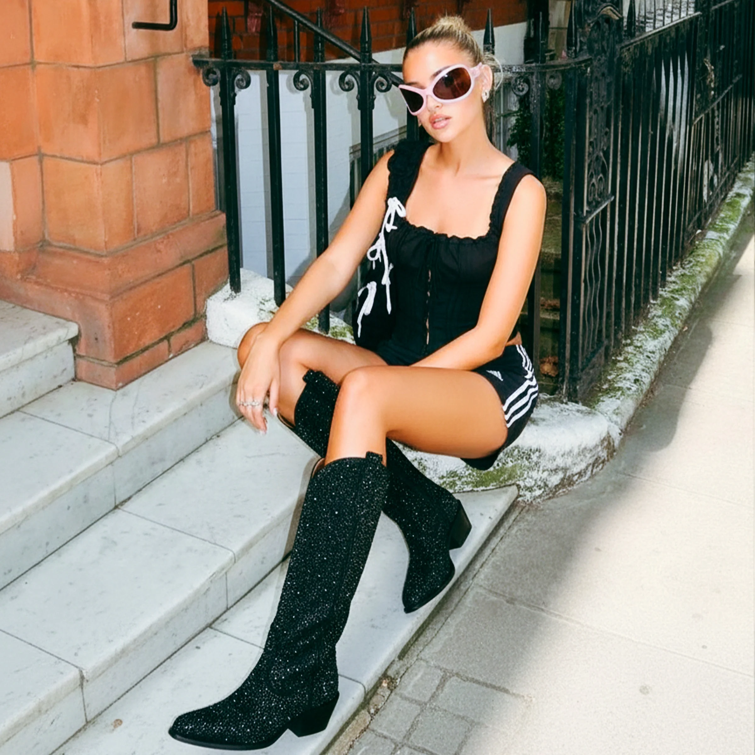 The Stardust - Crystal Covered Black Tall Cowgirl Boots - Image 6
