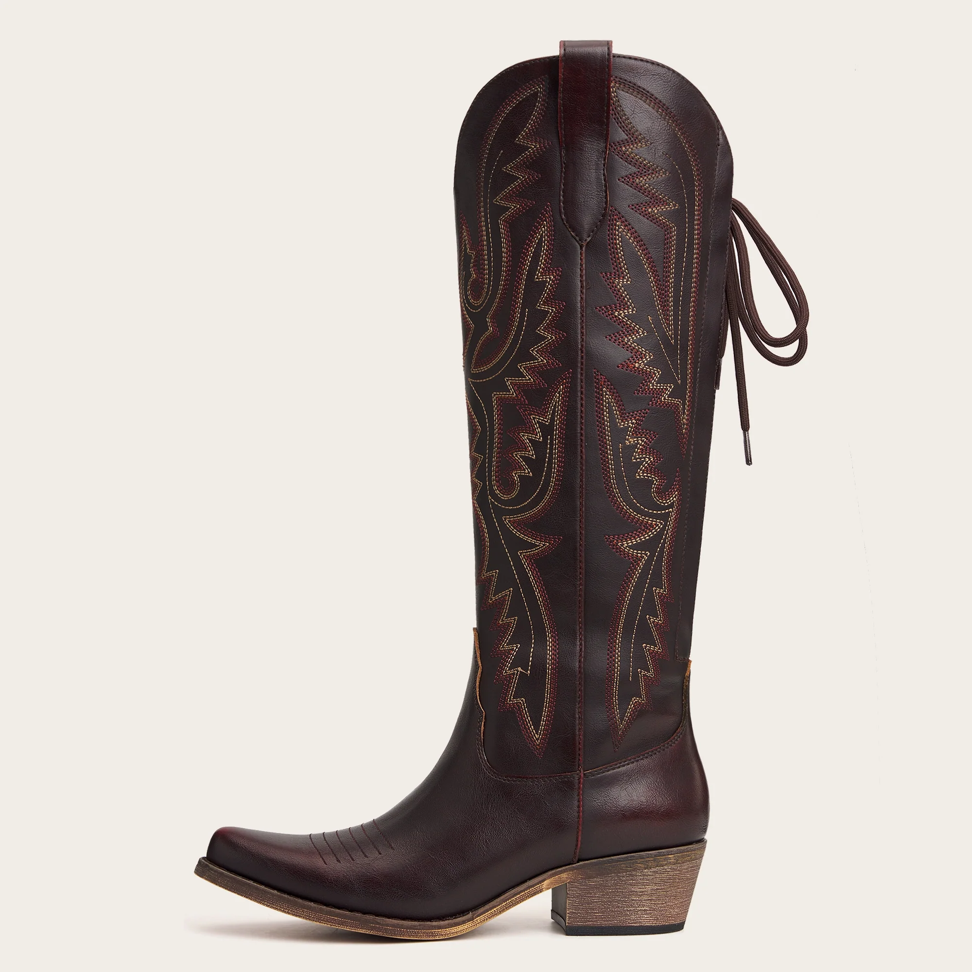 The Withersteen - Mahogany Brown Wide Calf Cowgirl Boots with Bold Embroidery and Lace-Up Back - Image 4