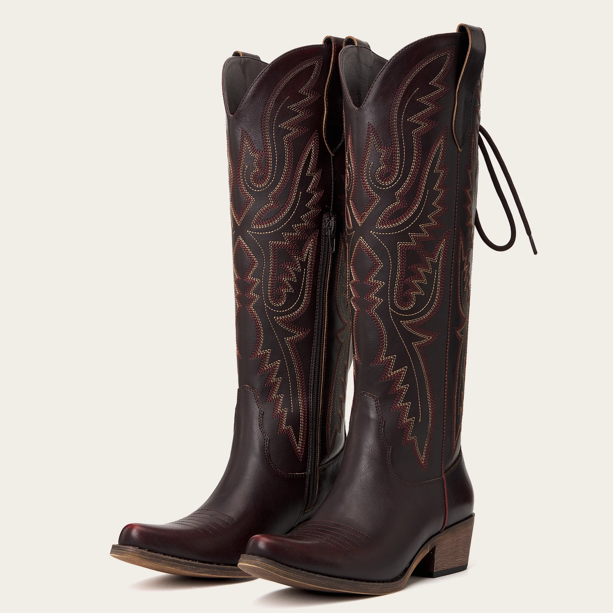 The Withersteen - Mahogany Brown Wide Calf Cowgirl Boots with Bold Embroidery and Lace-Up Back - Image 5