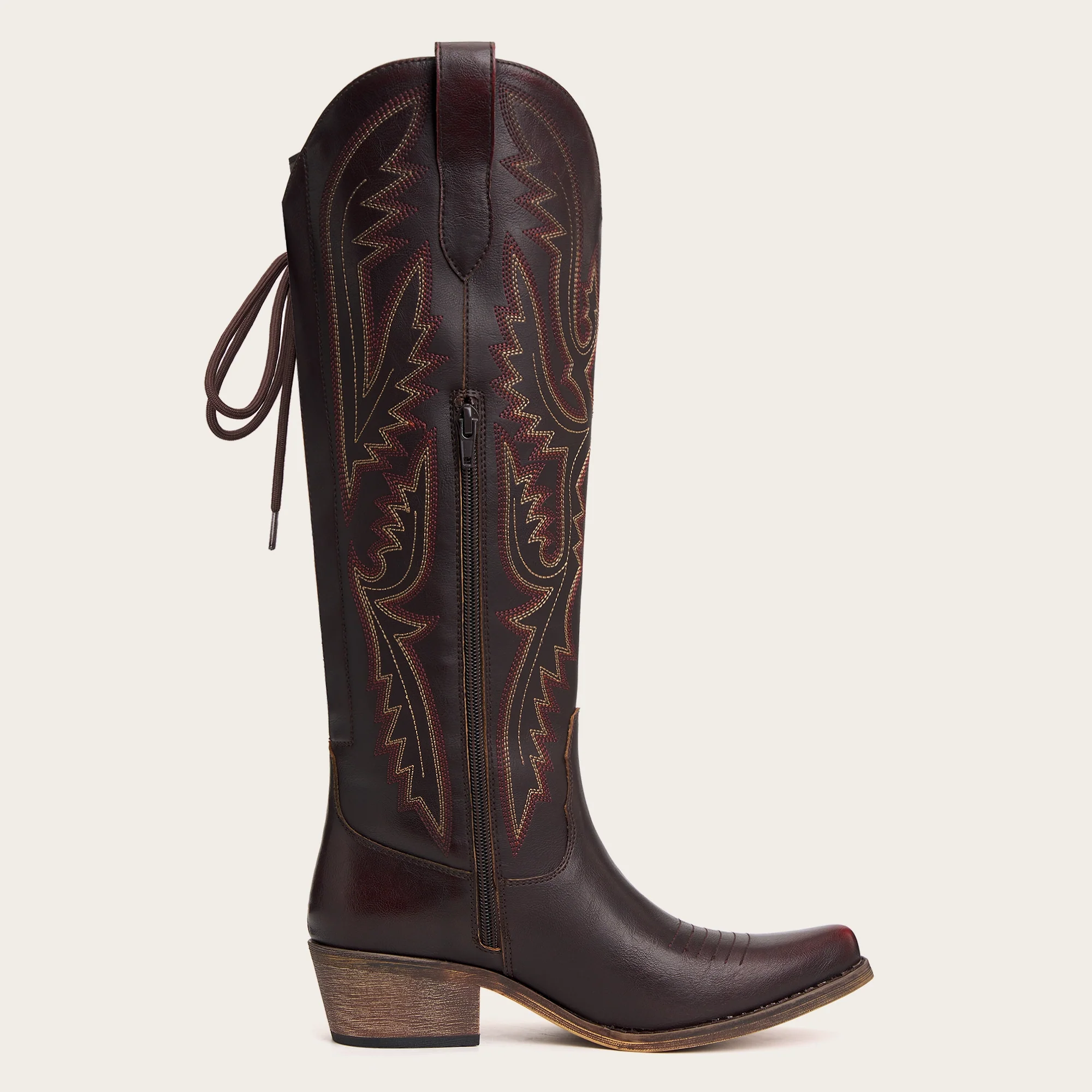 The Withersteen - Mahogany Brown Wide Calf Cowgirl Boots with Bold Embroidery and Lace-Up Back - Image 8