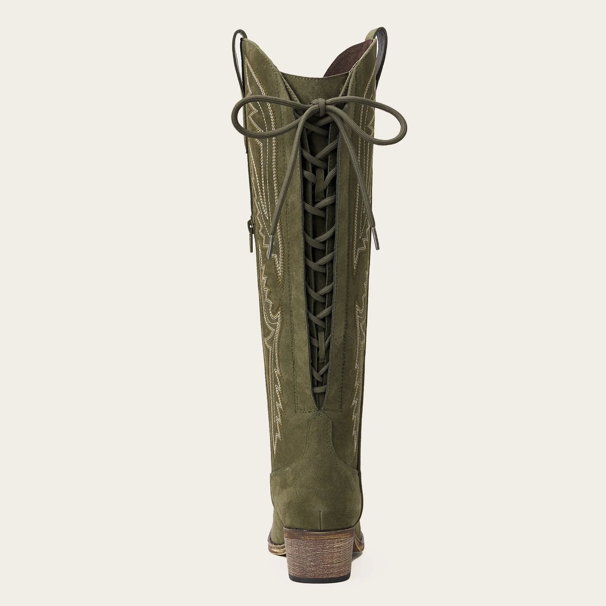 The Withersteen - Olive Suede Wide Calf Cowgirl Boots with Bold Embroidery and Lace-Up Back - Image 10
