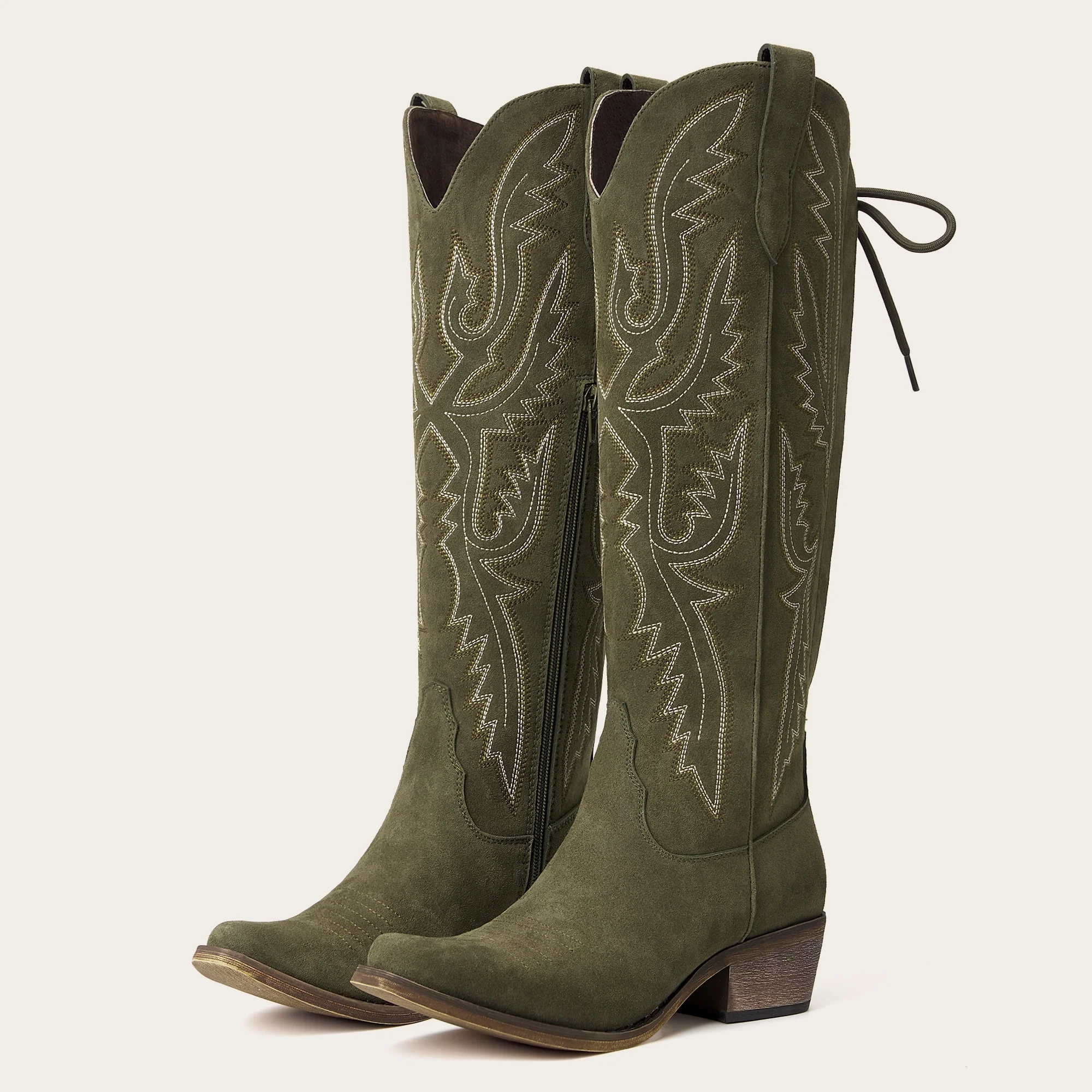 The Withersteen - Olive Suede Wide Calf Cowgirl Boots with Bold Embroidery and Lace-Up Back - Image 4