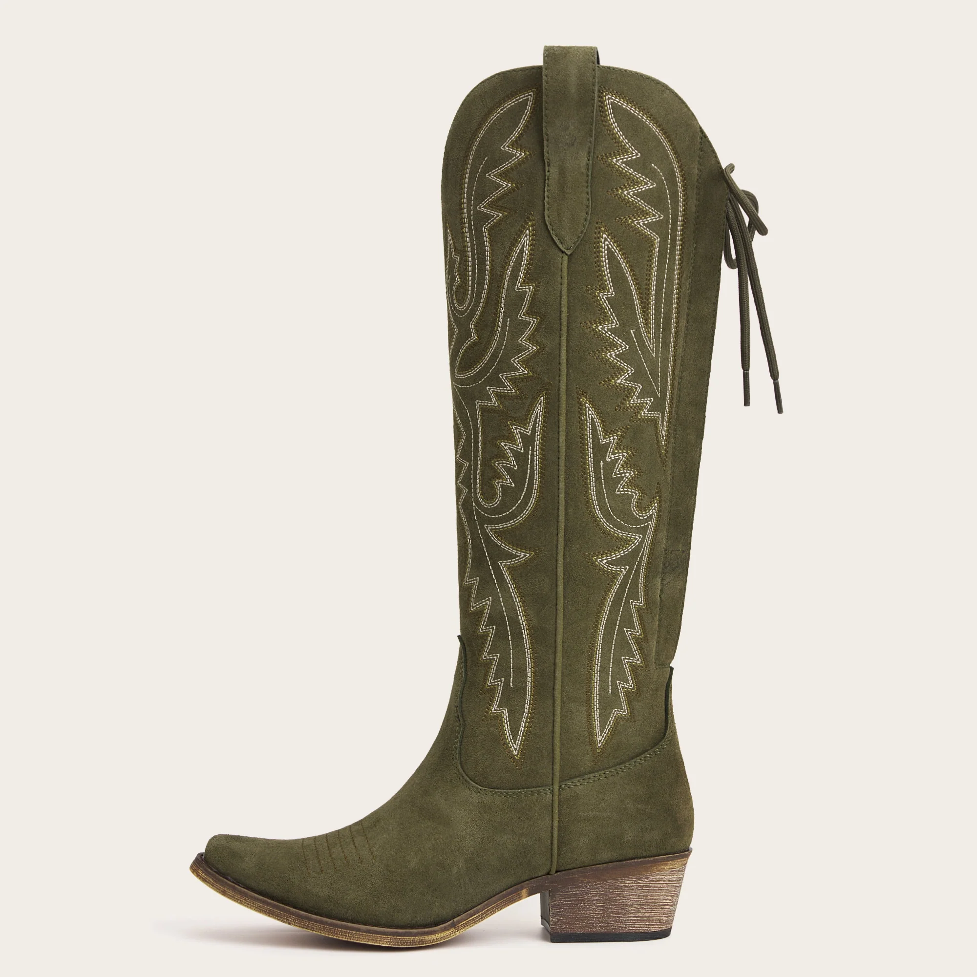 The Withersteen - Olive Suede Wide Calf Cowgirl Boots with Bold Embroidery and Lace-Up Back - Image 5