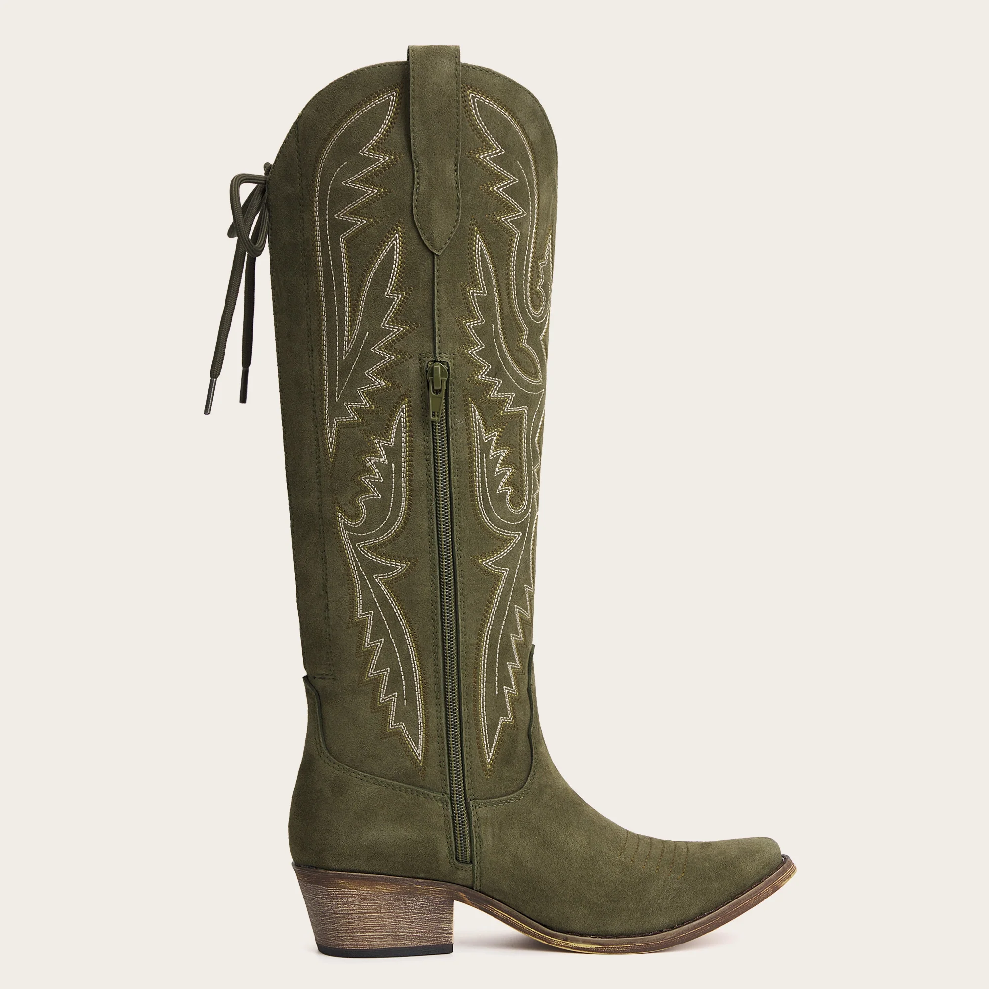 The Withersteen - Olive Suede Wide Calf Cowgirl Boots with Bold Embroidery and Lace-Up Back - Image 8