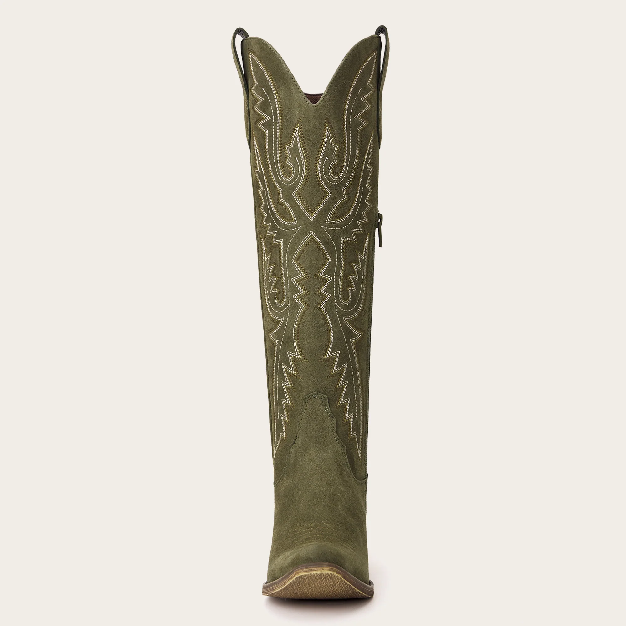 The Withersteen - Olive Suede Wide Calf Cowgirl Boots with Bold Embroidery and Lace-Up Back - Image 9