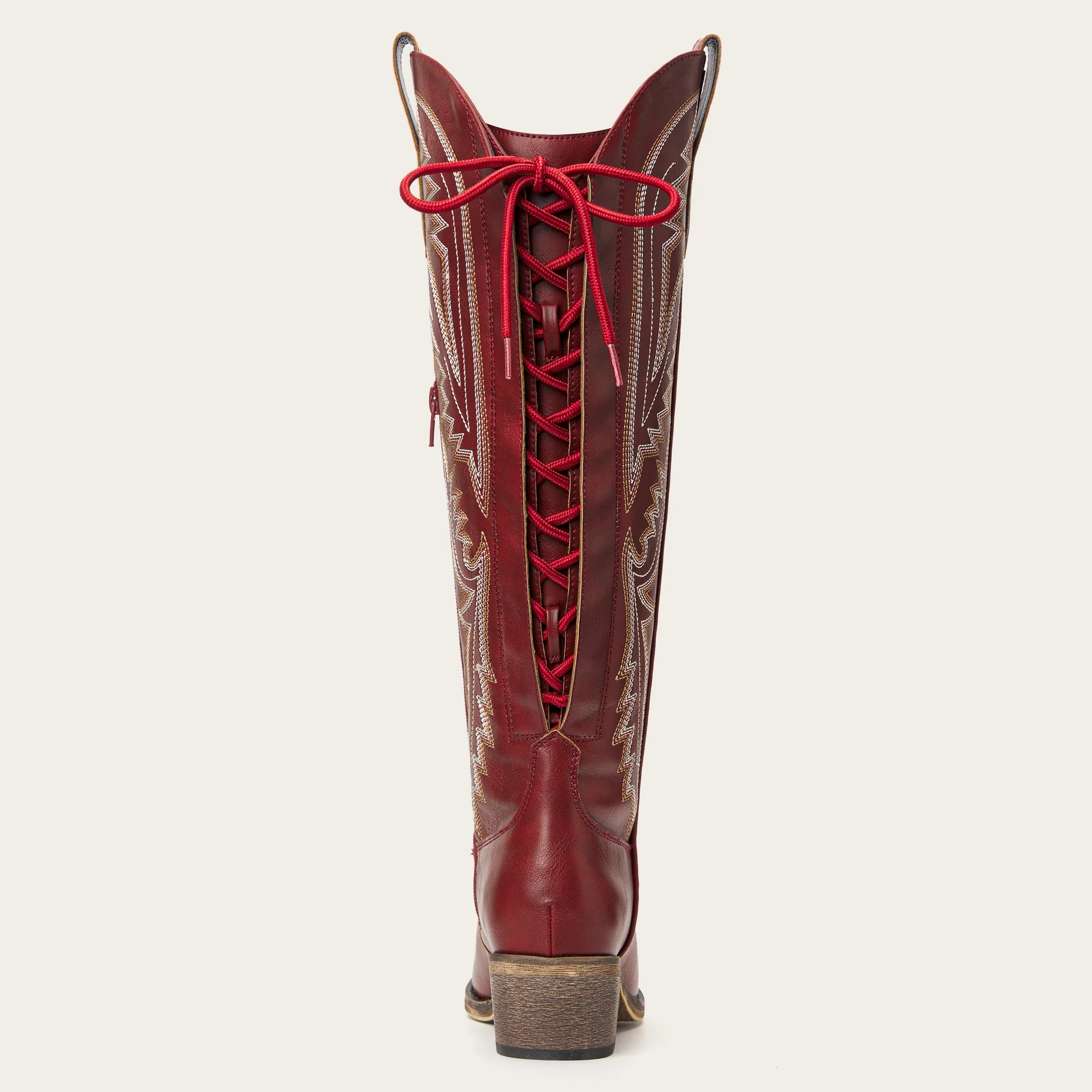 The Withersteen - Red Wide Calf Cowgirl Boots with Bold Embroidery and Lace-Up Back - Image 11