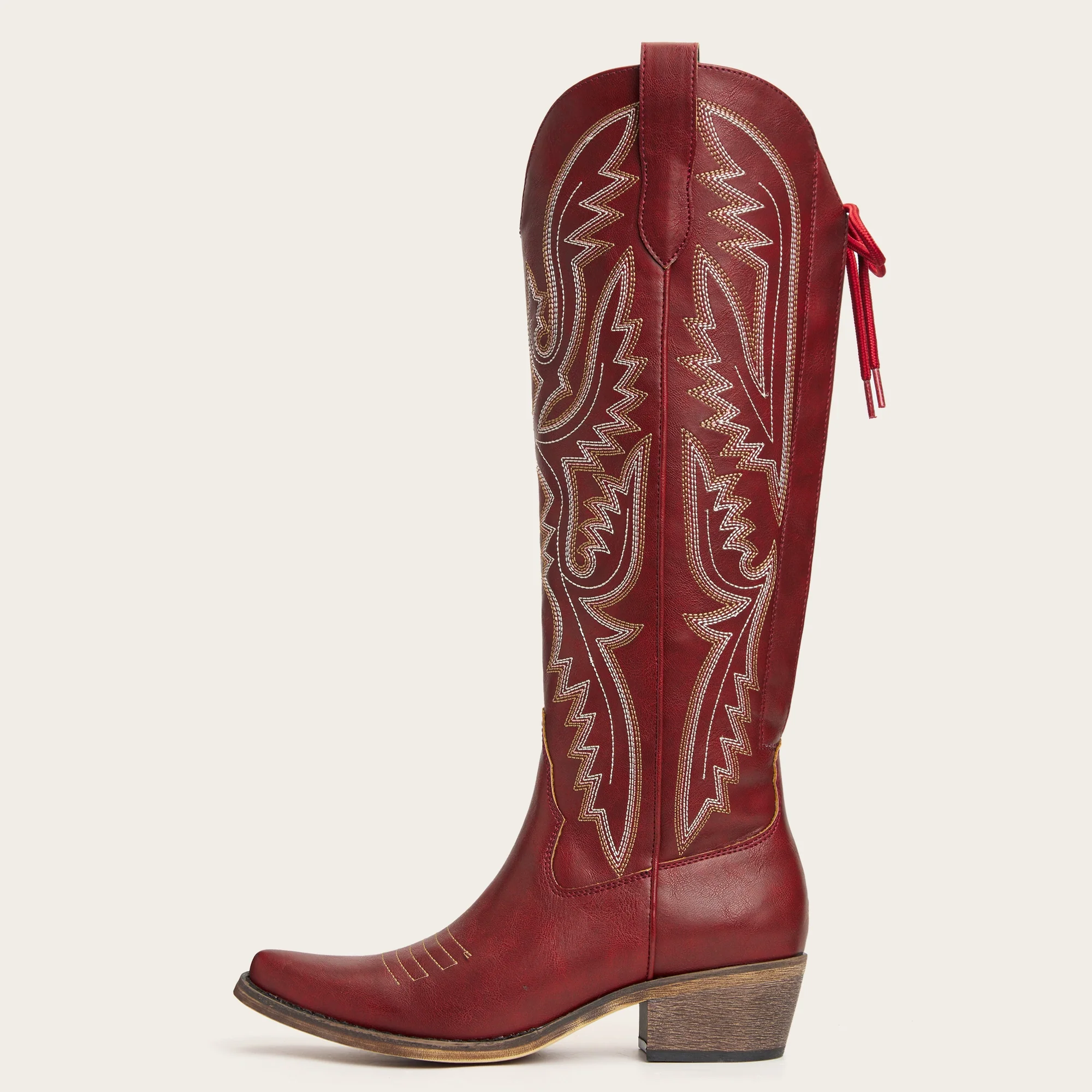 The Withersteen - Red Wide Calf Cowgirl Boots with Bold Embroidery and Lace-Up Back - Image 4