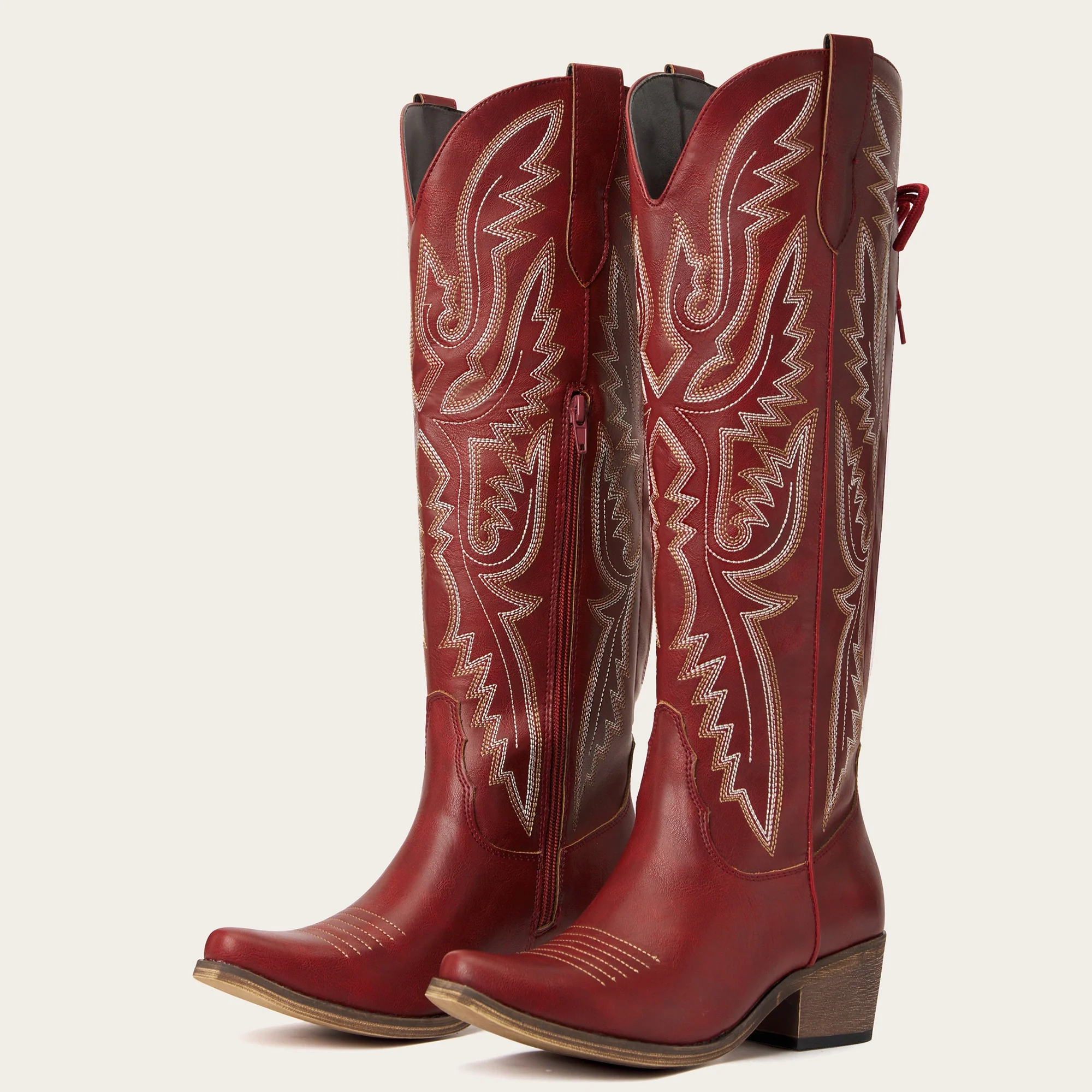 The Withersteen - Red Wide Calf Cowgirl Boots with Bold Embroidery and Lace-Up Back - Image 5