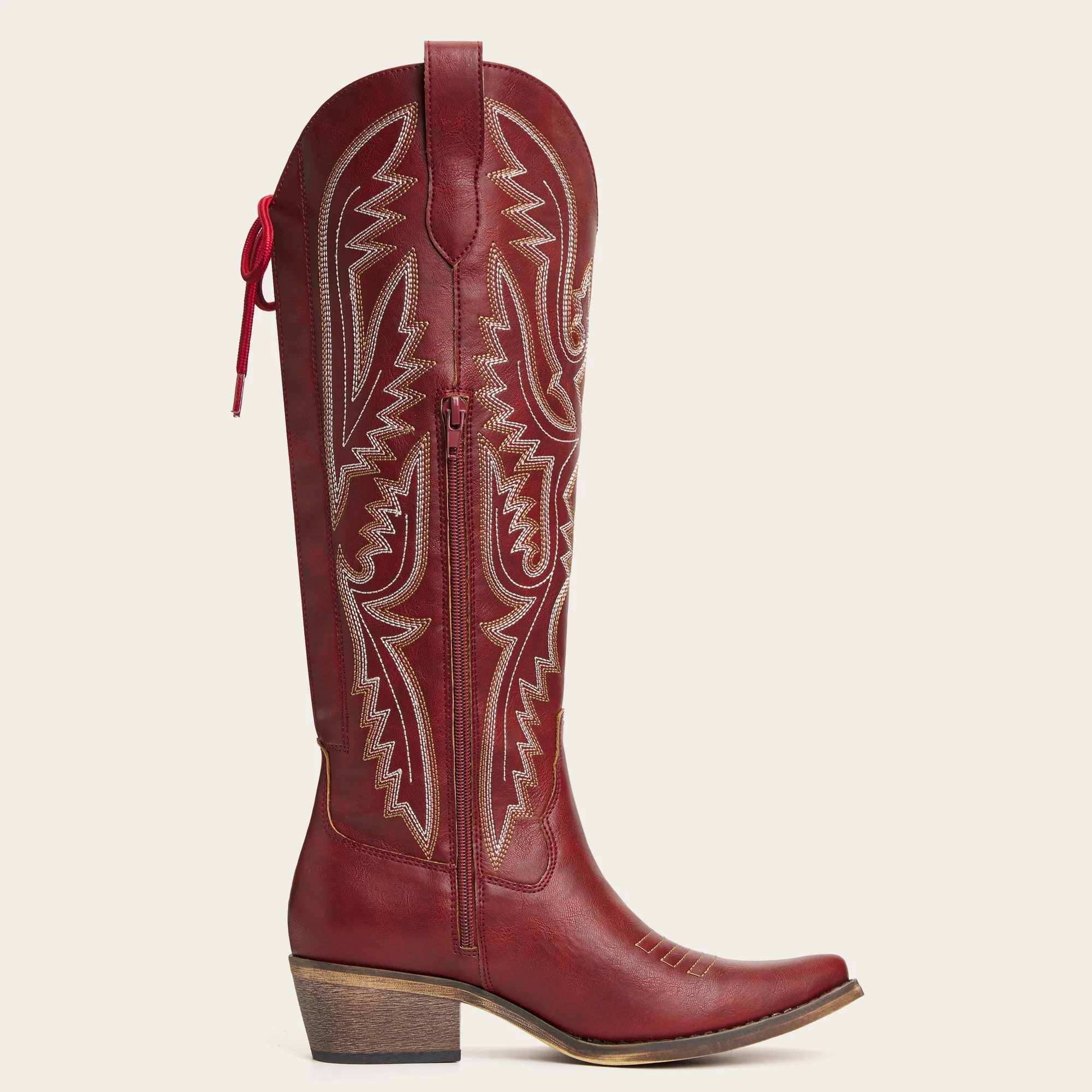 The Withersteen - Red Wide Calf Cowgirl Boots with Bold Embroidery and Lace-Up Back - Image 7